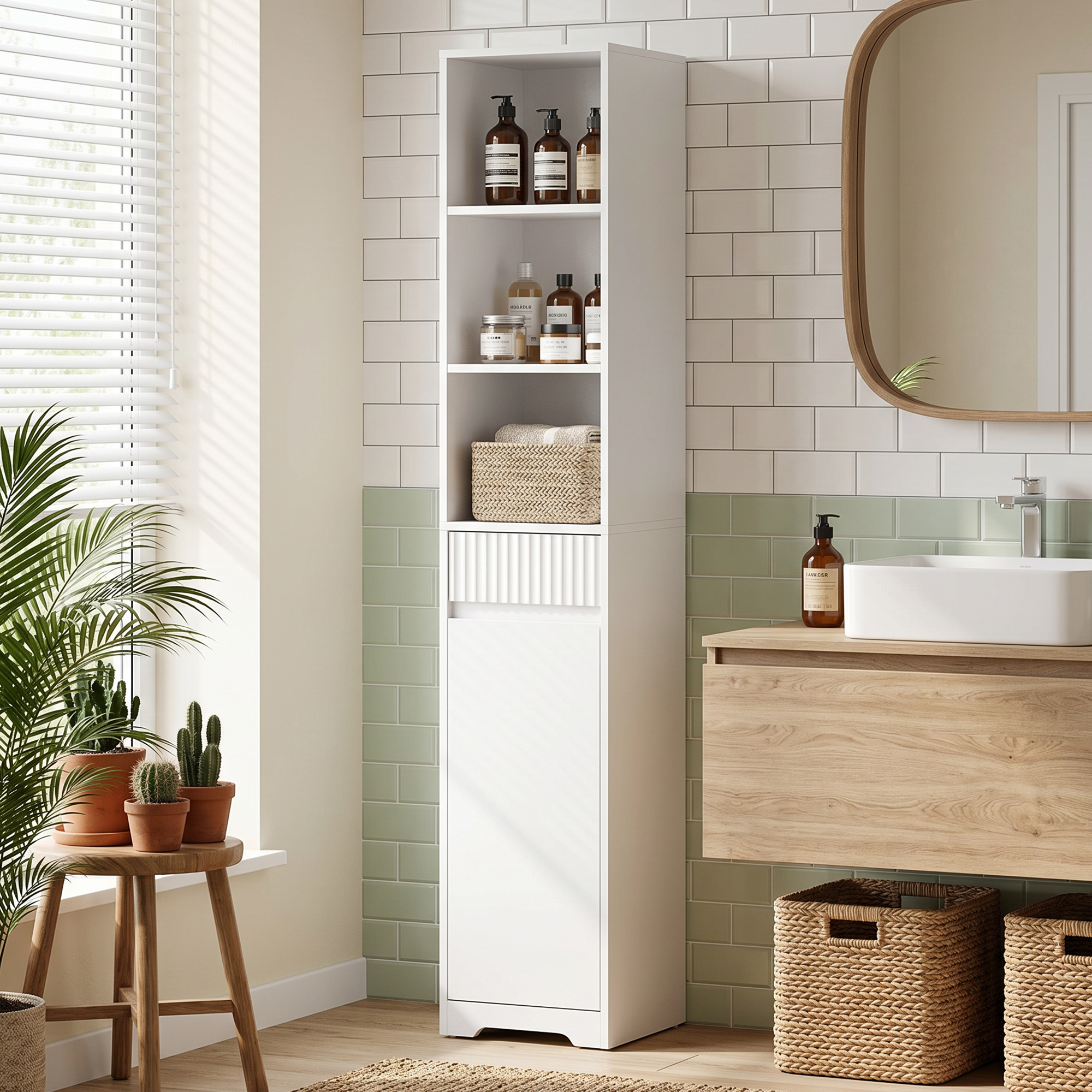 Un bagno moderno con piastrelle bianche, mobiletto bagno in legno e lavabo bianco.