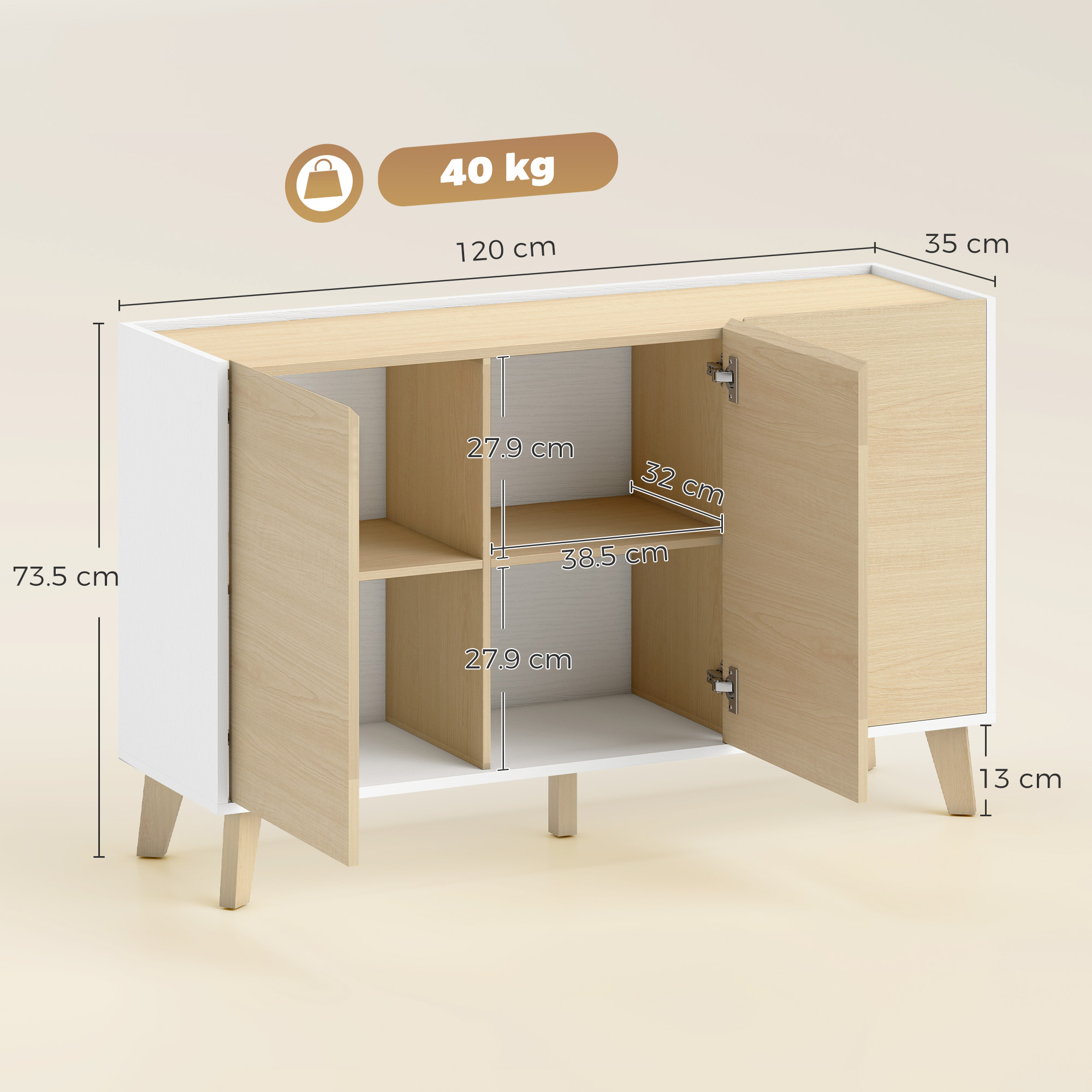 Una credenza bianca e marrone chiaro, 120x35x73,5 cm, capacità 40 kg.