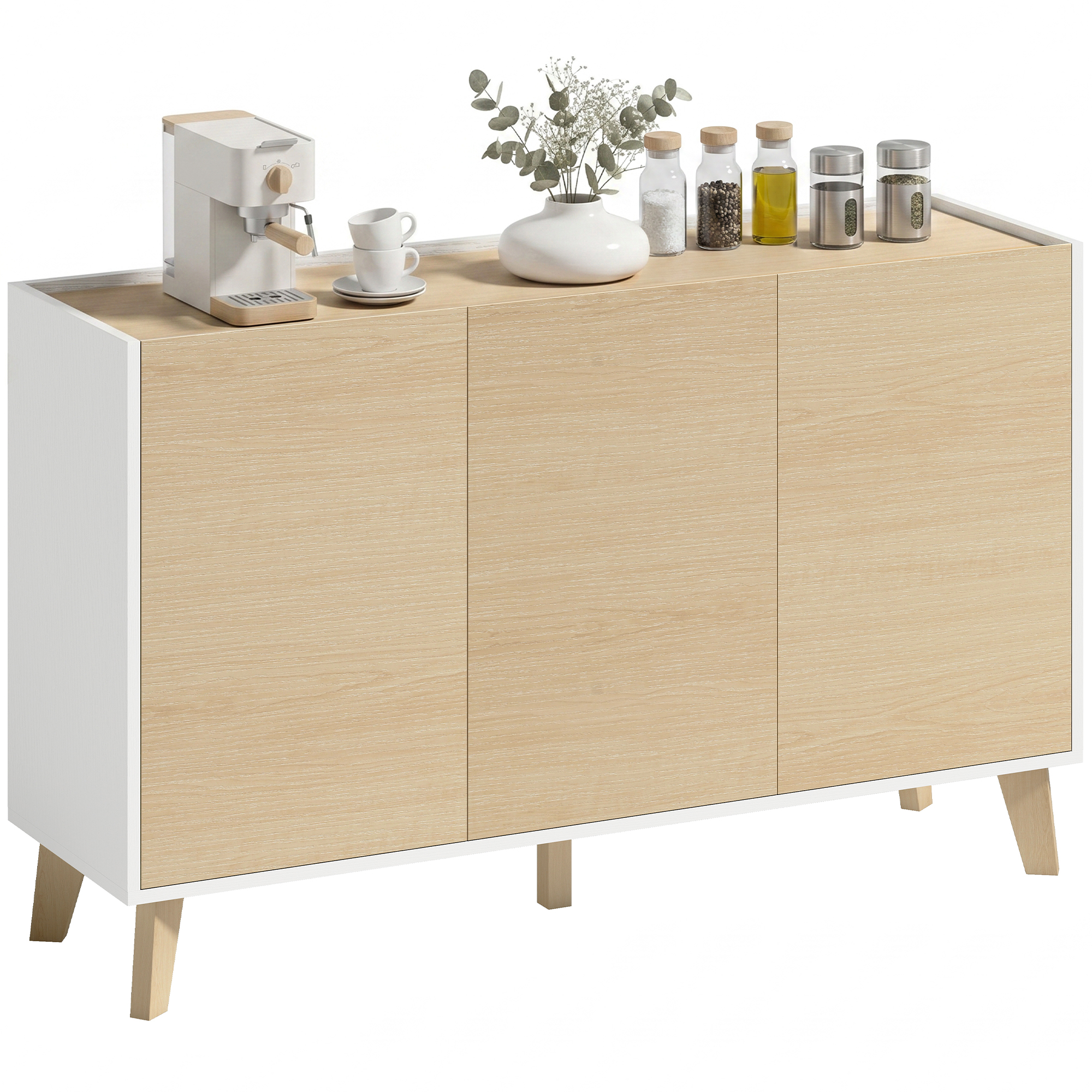 Un mobile bianco e legno chiaro con macchina da caffè, tazze, vaso e barattoli di spezie.