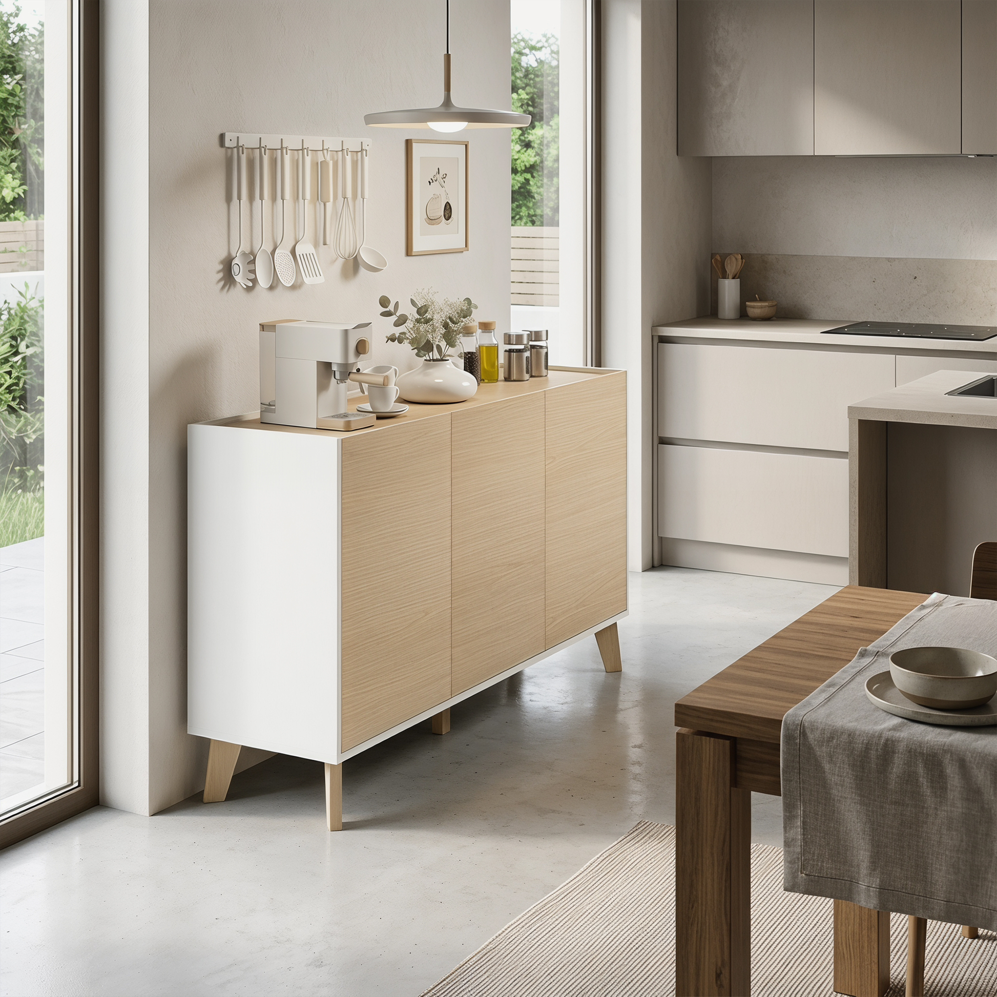 Una credenza bianca e in legno con utensili da cucina sopra, in una stanza luminosa.