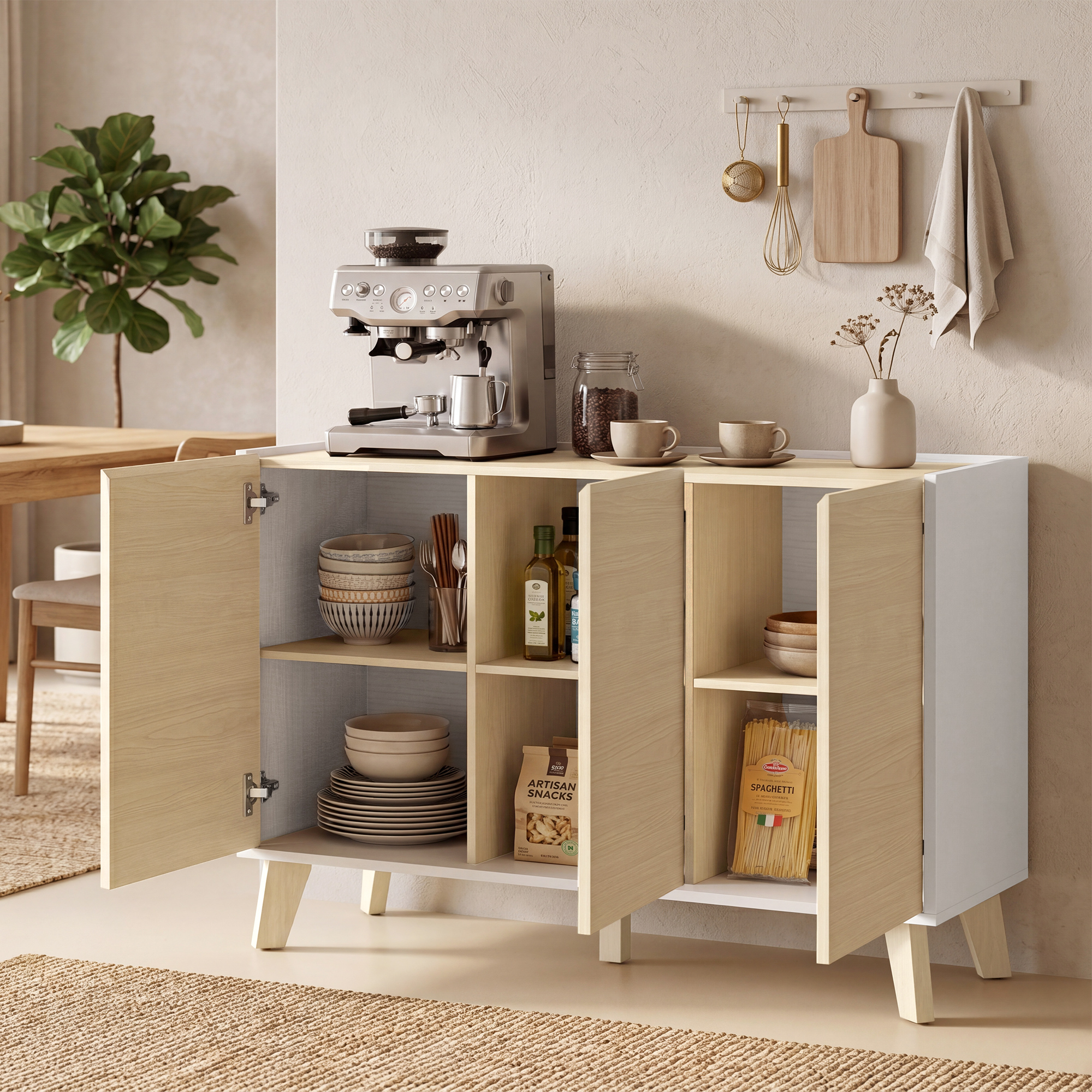 Una macchina per espresso argentata su una credenza con ante aperte.