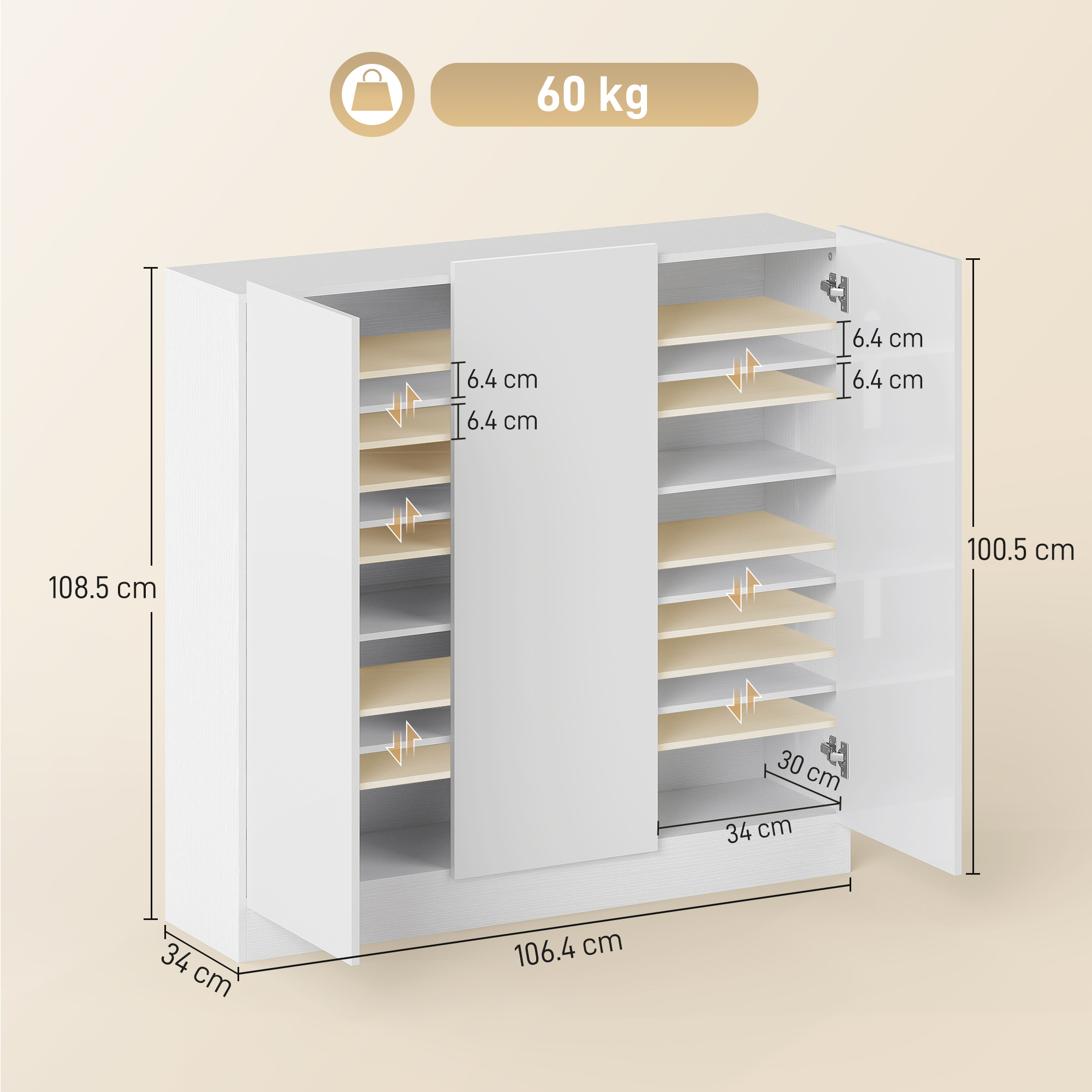 Una scarpiera bianca con ante aperte, dimensioni 106.4x34x100.5cm, capacità 60kg.