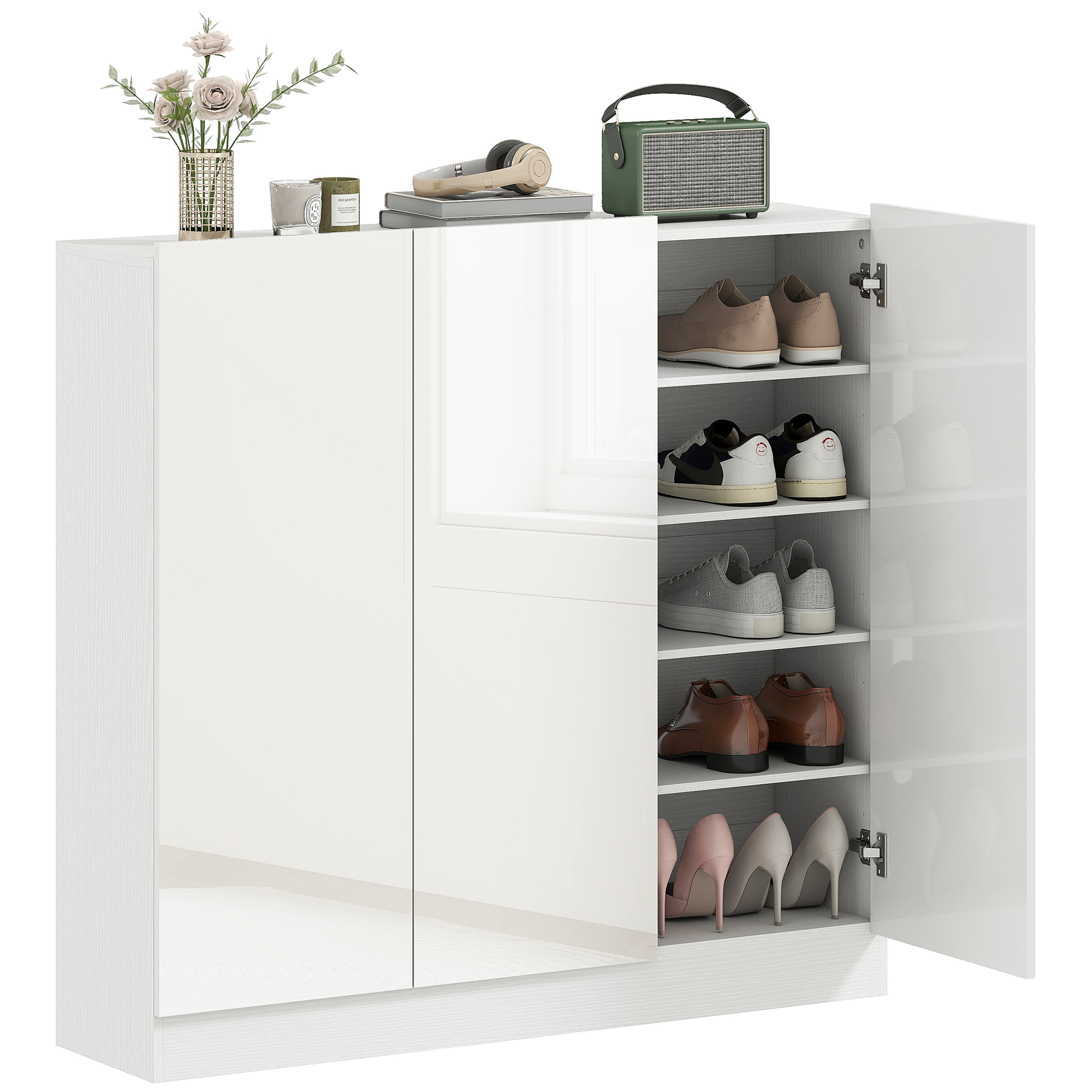 Una scarpiera bianca con ante aperte, che espone scarpe e oggetti decorativi.