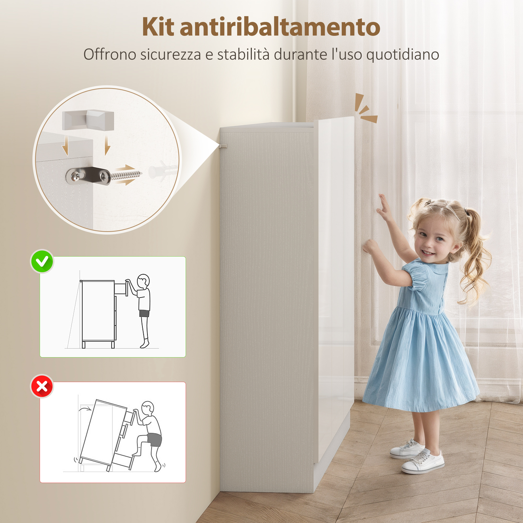 Bambina con vestito blu vicino a un mobile, illustra sicurezza antiribaltamento.