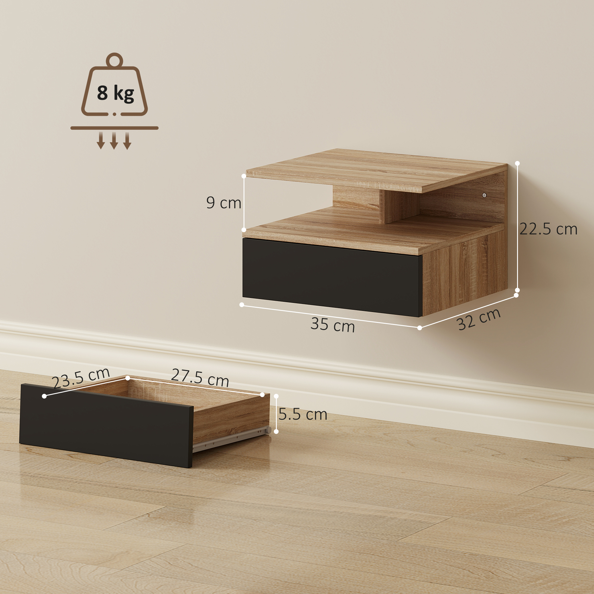 Mensola a muro con cassetto e dimensioni. Max. carico 8 kg.