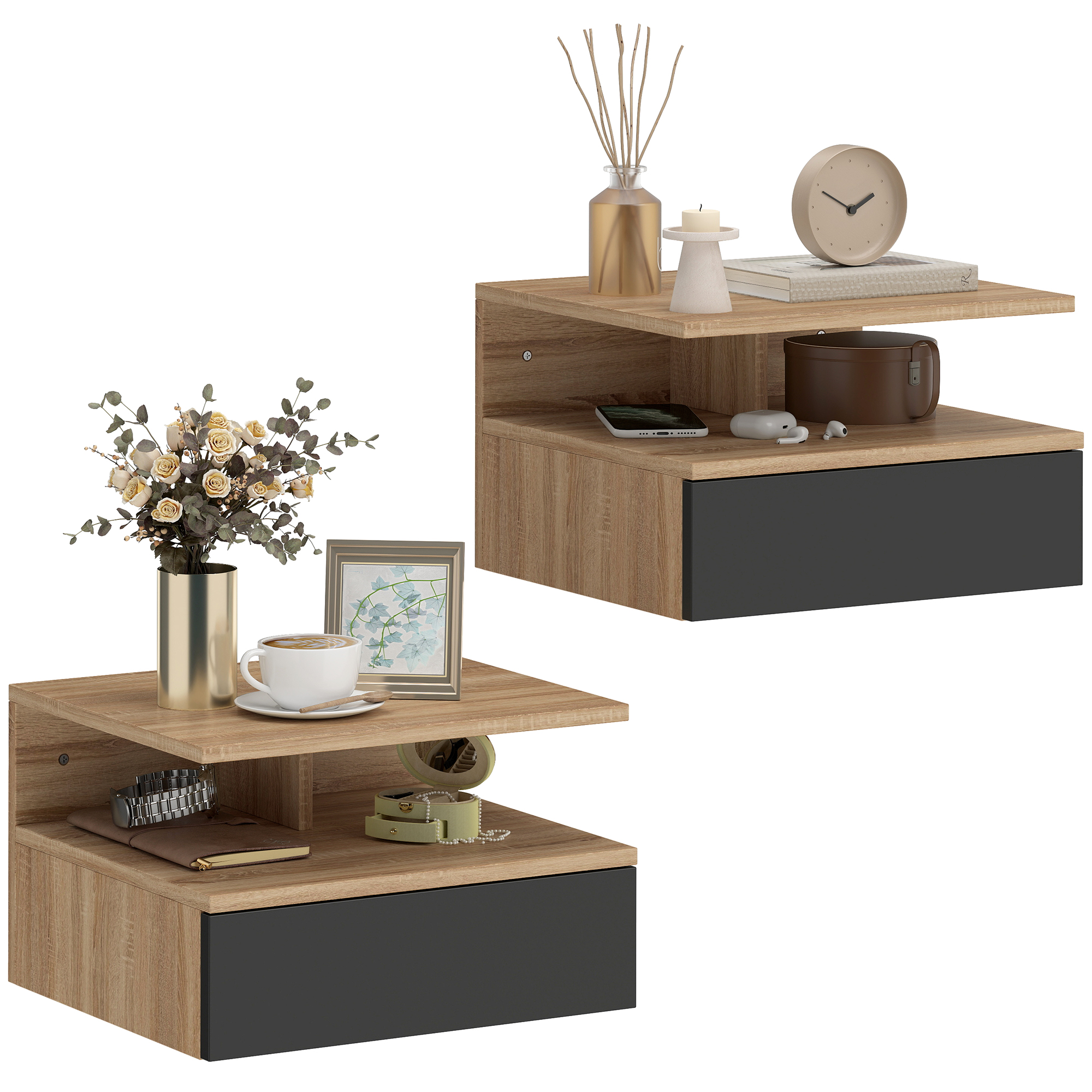 Due comodini effetto legno con cassetti neri, decorati con vasi, orologi, libri e fiori.