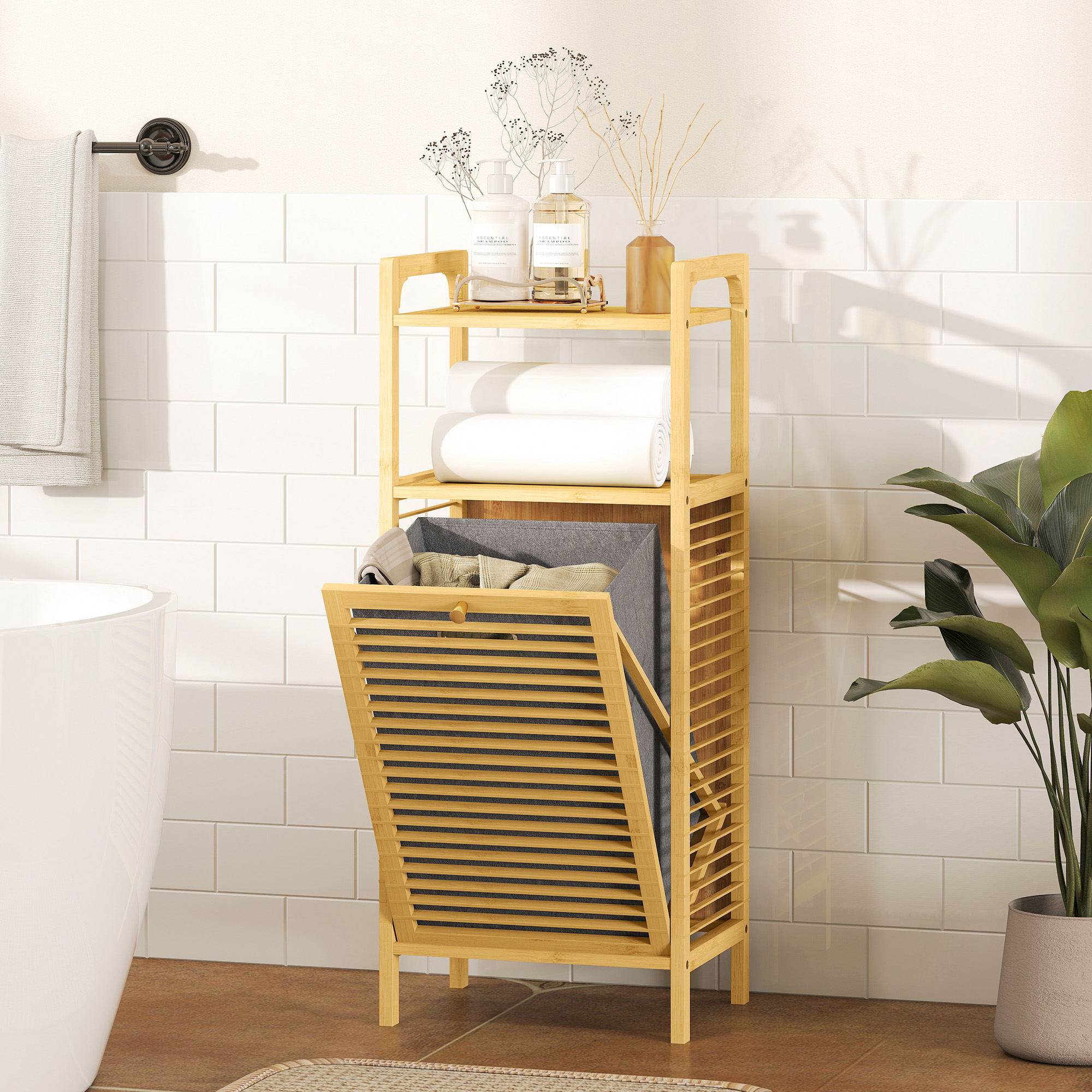 Scaffale da bagno in legno con cesto portabiancheria, asciugamani e pianta.