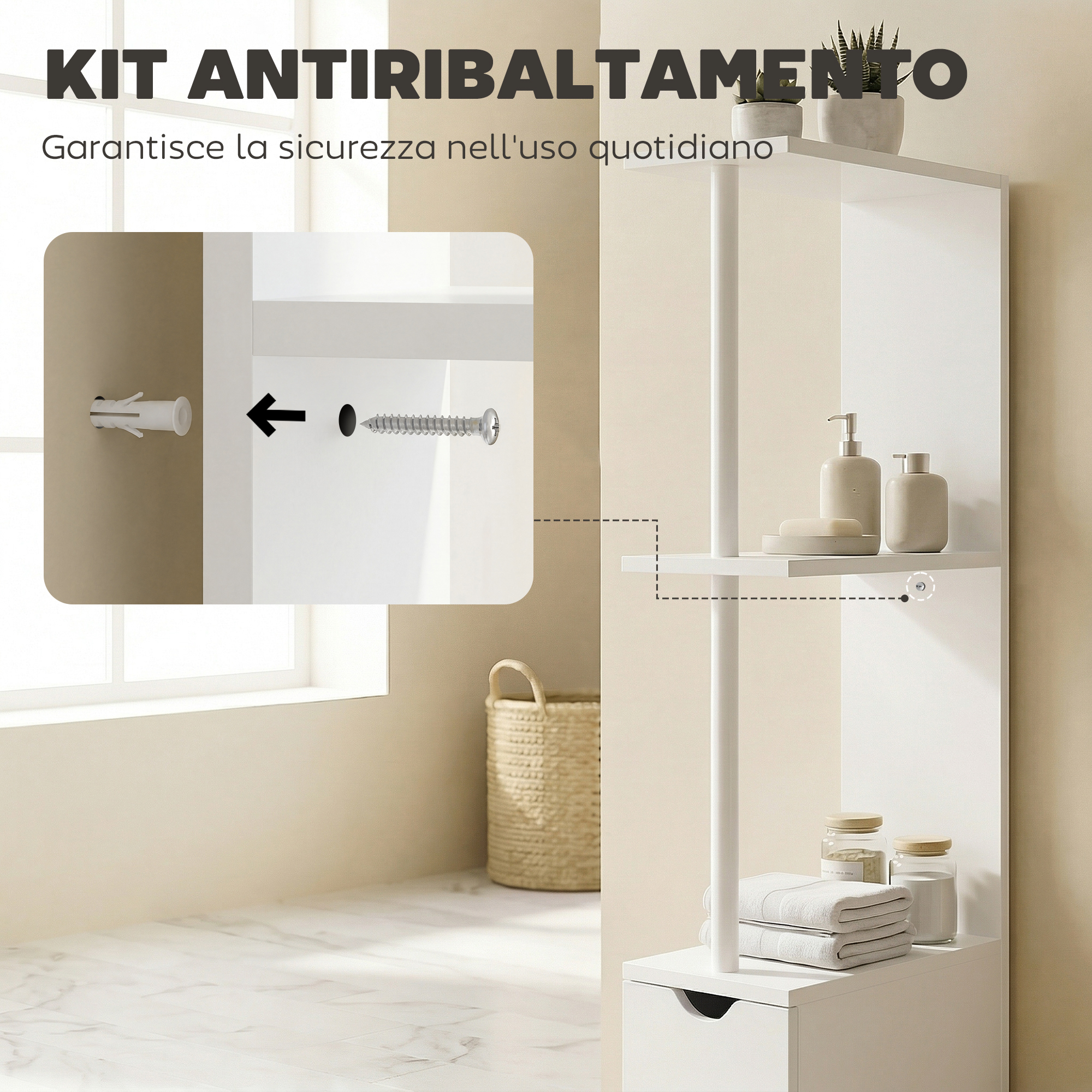 Scaffale bianco con dispenser sapone, sapone, asciugamani e barattoli.