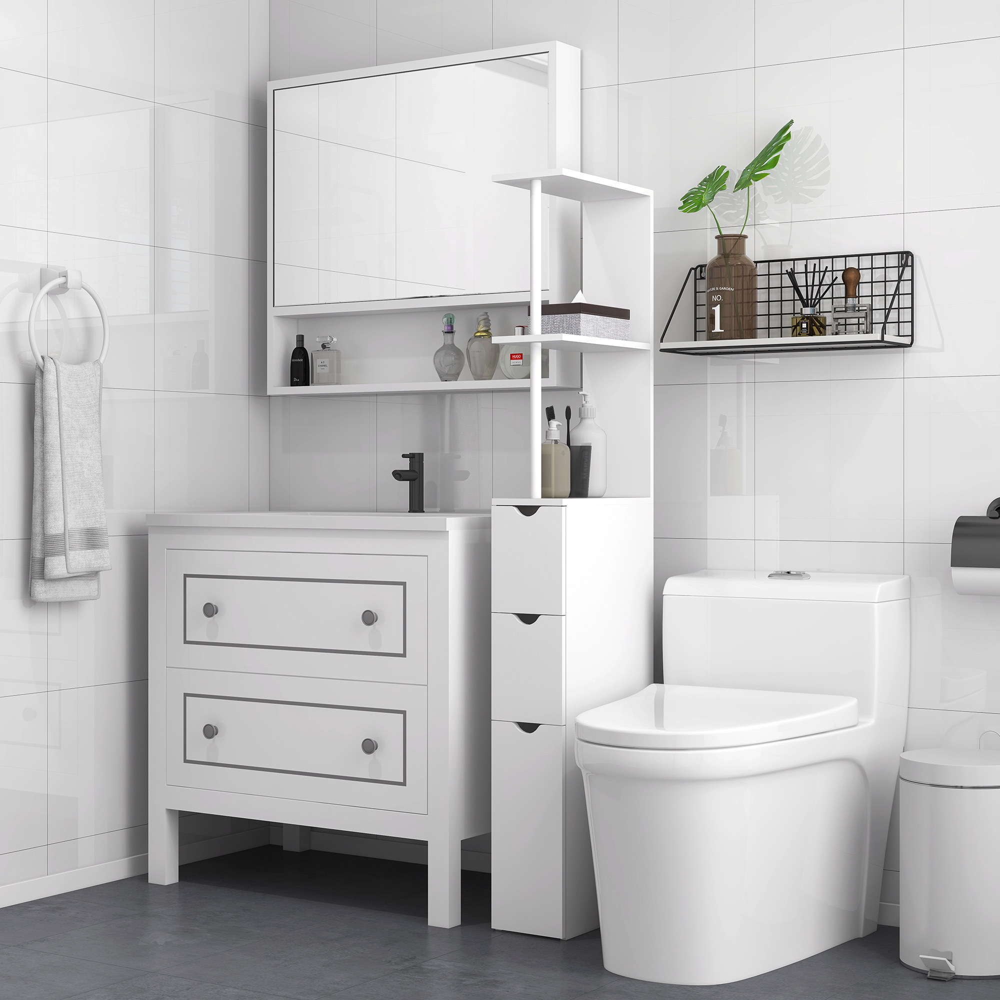 Un bagno bianco con mobile lavabo, wc, specchio e mensole.
