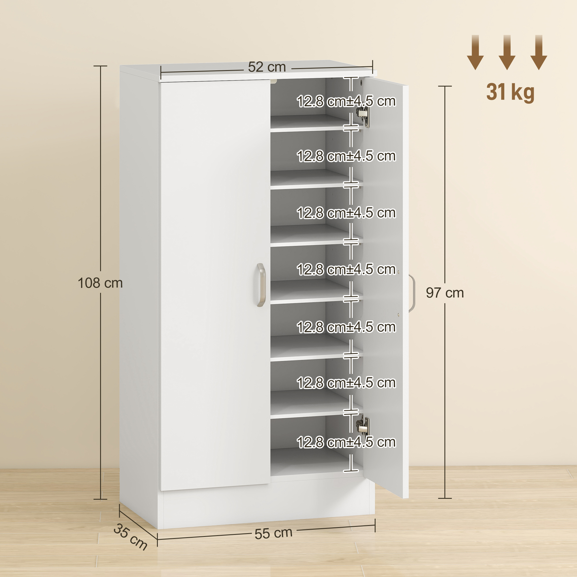 Armadio bianco 52x35x108 cm. Porte aperte mostrano 7 ripiani, alti 12,8 cm ciascuno. Carico max 31 kg.