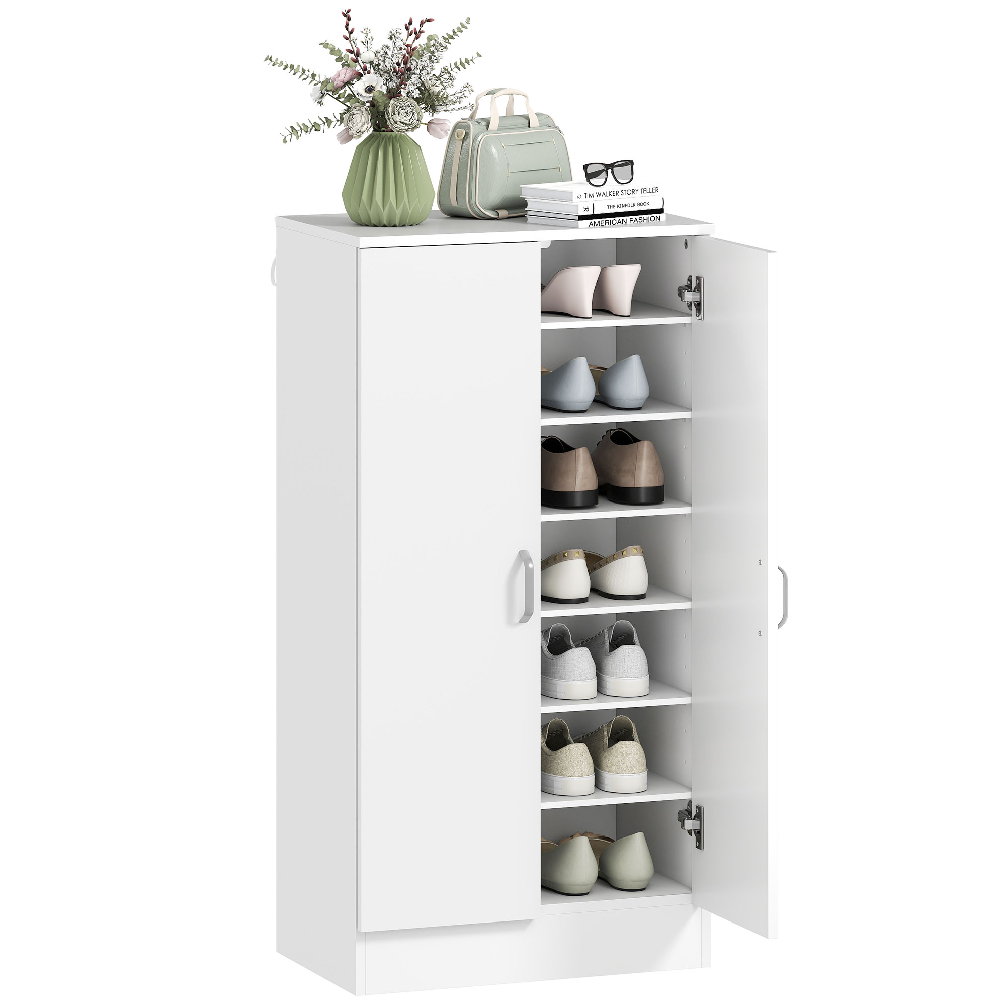 Mobile scarpiera bianco con anta aperta, mostra ripiani di scarpe e decorazioni sopra.