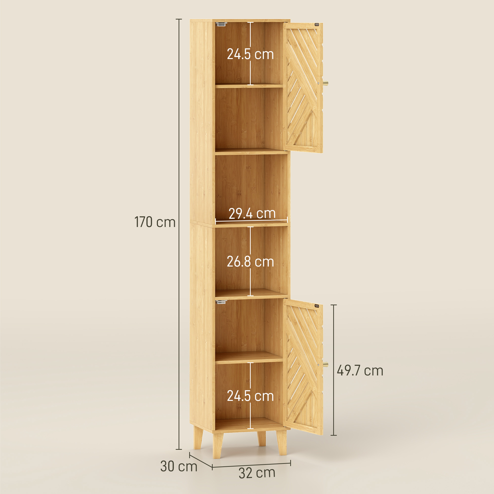 Un mobile alto e stretto in legno con ante aperte e ripiani. Dimensioni indicate.