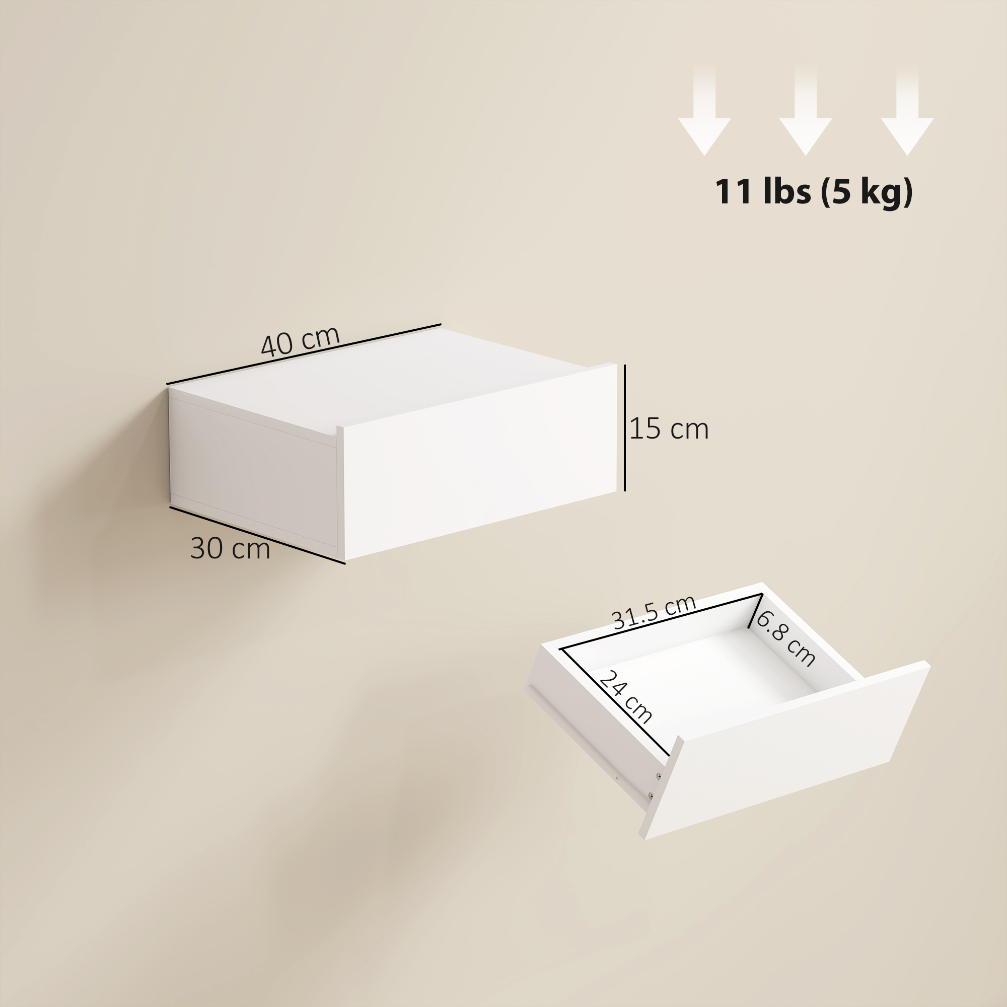 Cassetto bianco montato a parete, dimensioni indicate. Carico max 5 kg.