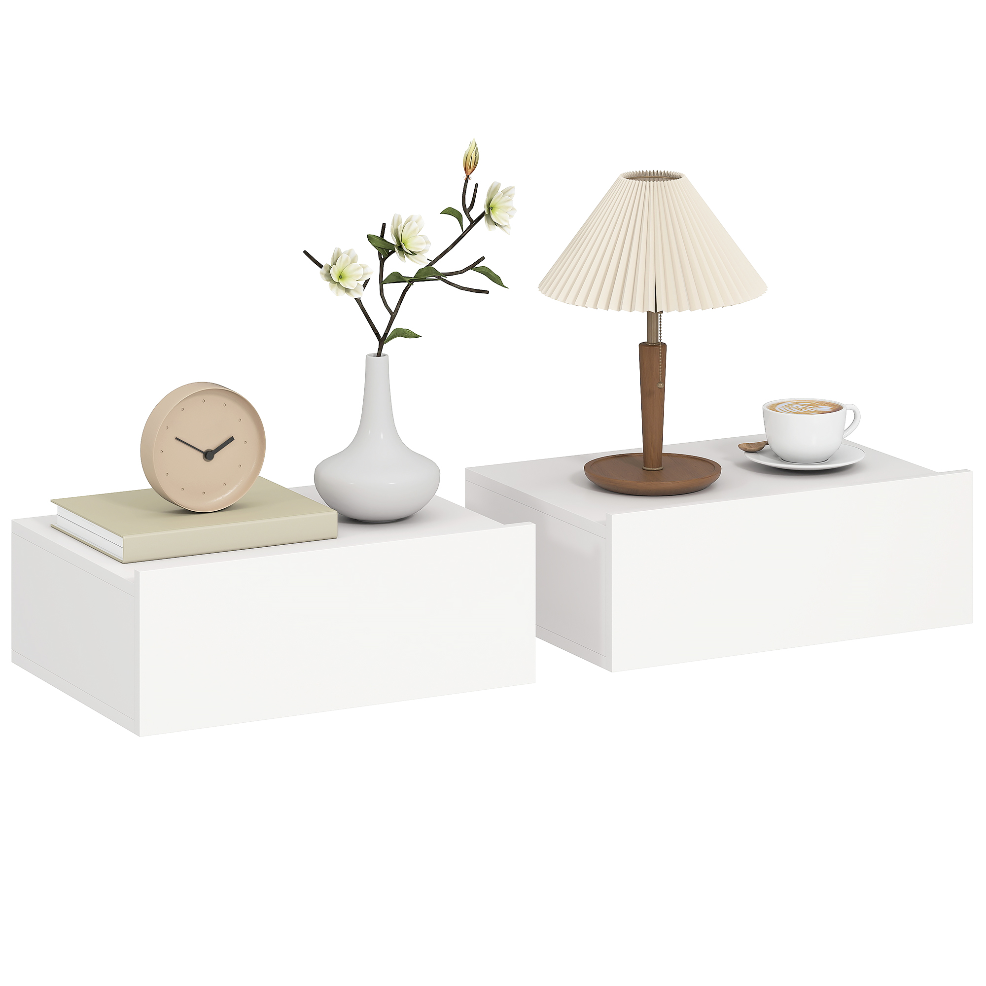 Due mensole bianche con decorazioni: orologio, libro, vaso con fiori, lampada e caffè.