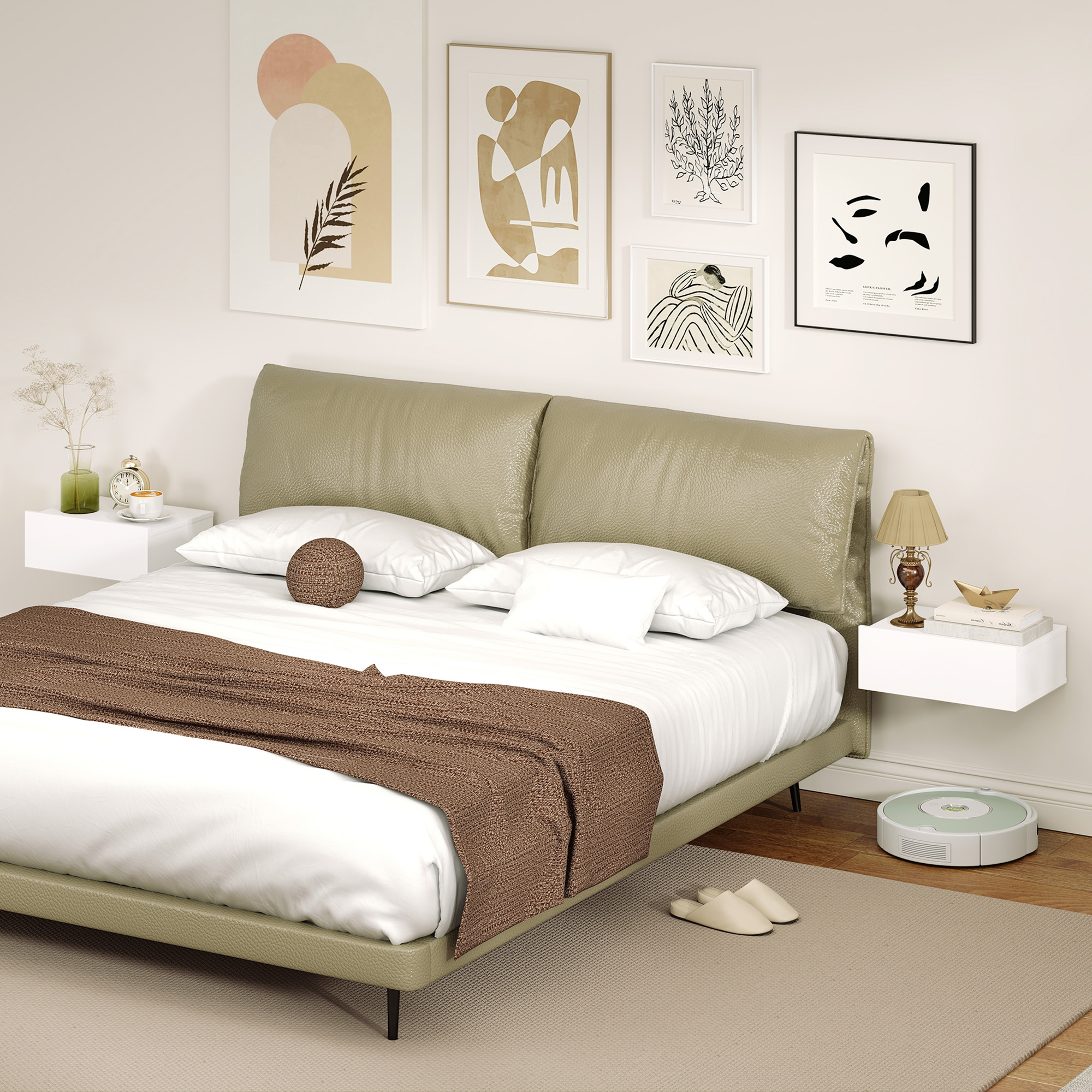 Una camera da letto con letto, comodini, quadri e un robot aspirapolvere.