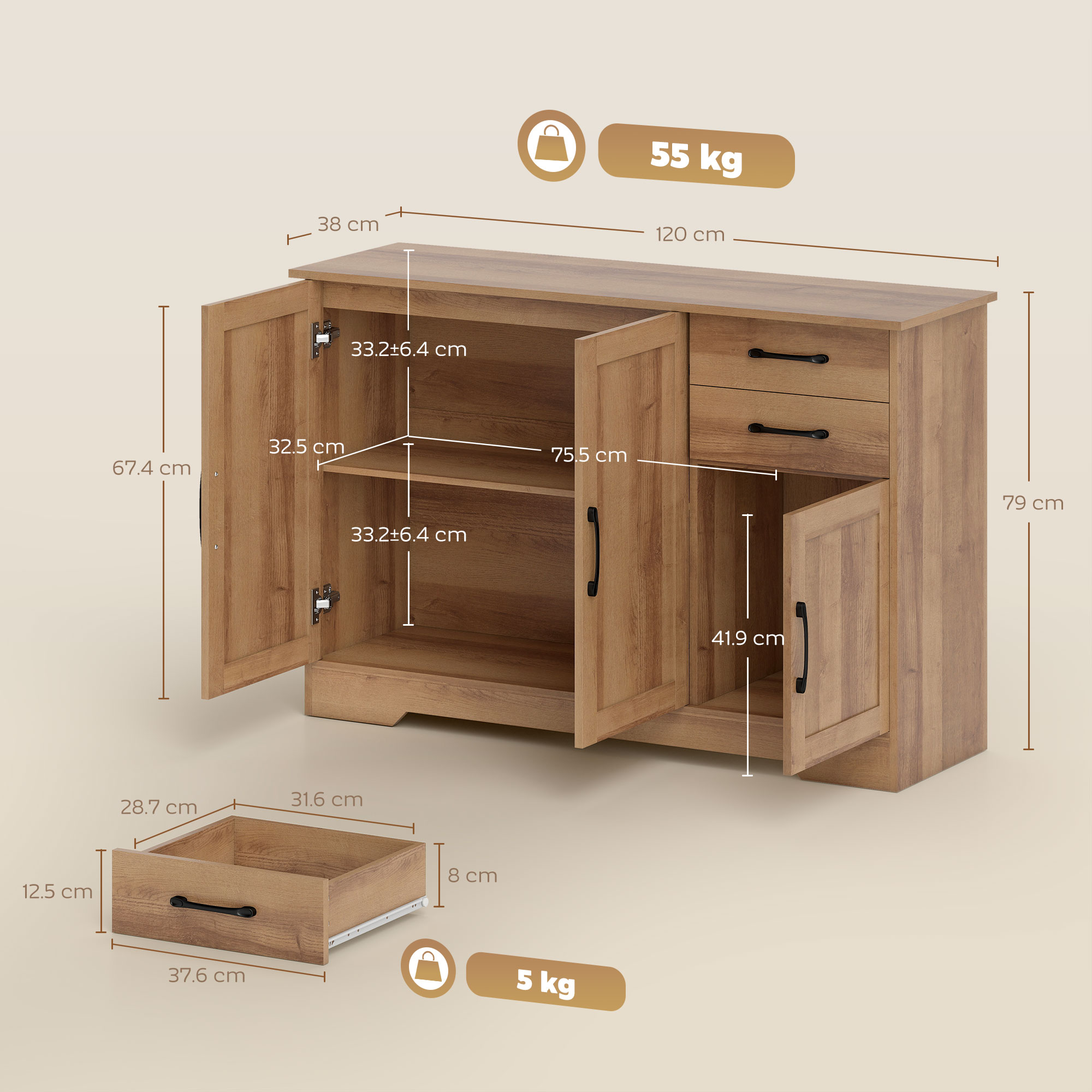 Mobile in legno dimensioni: 120cm L x 79cm A x 38cm P. Carico max. 55kg.
