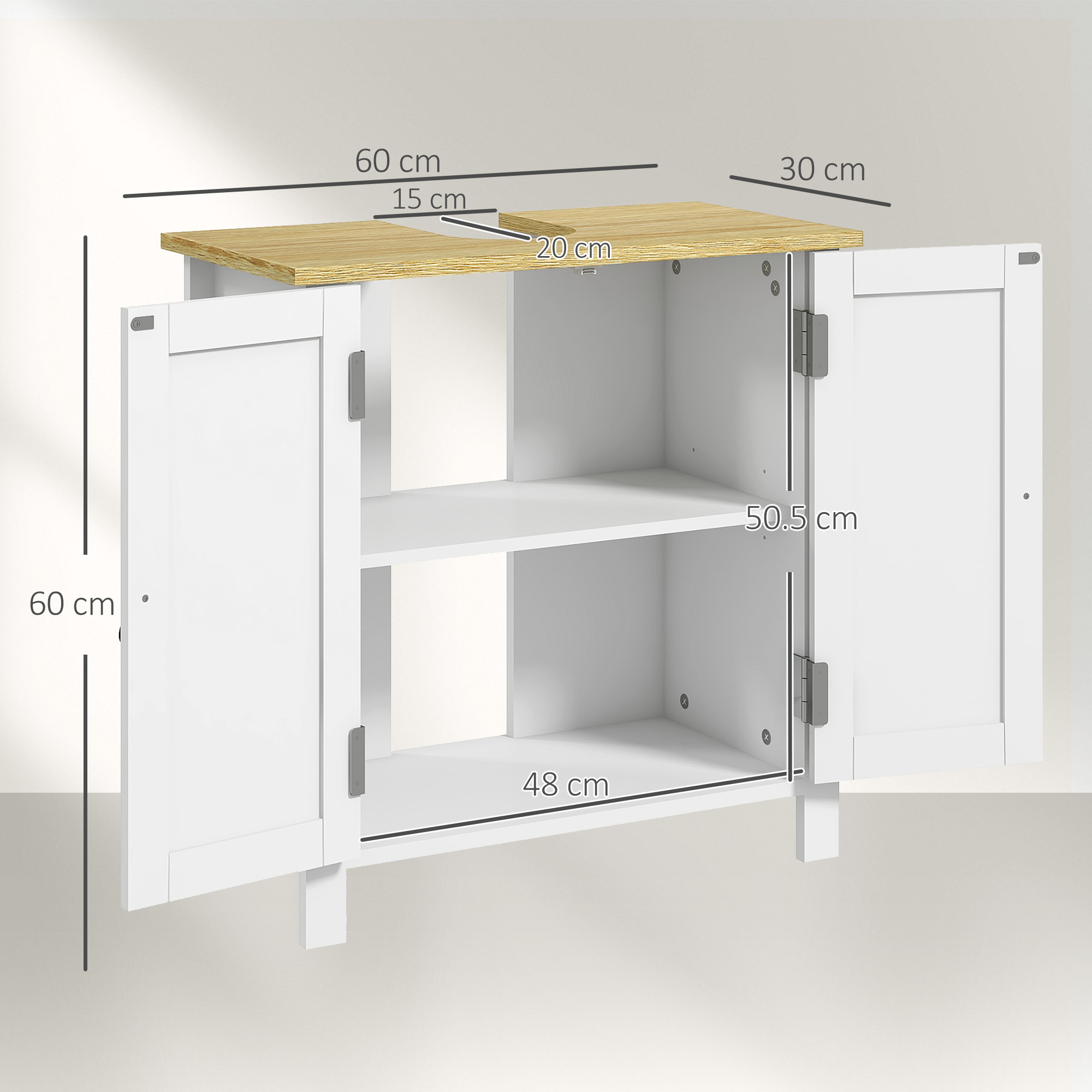 Mobile bianco con piano in legno, dimensioni indicate.