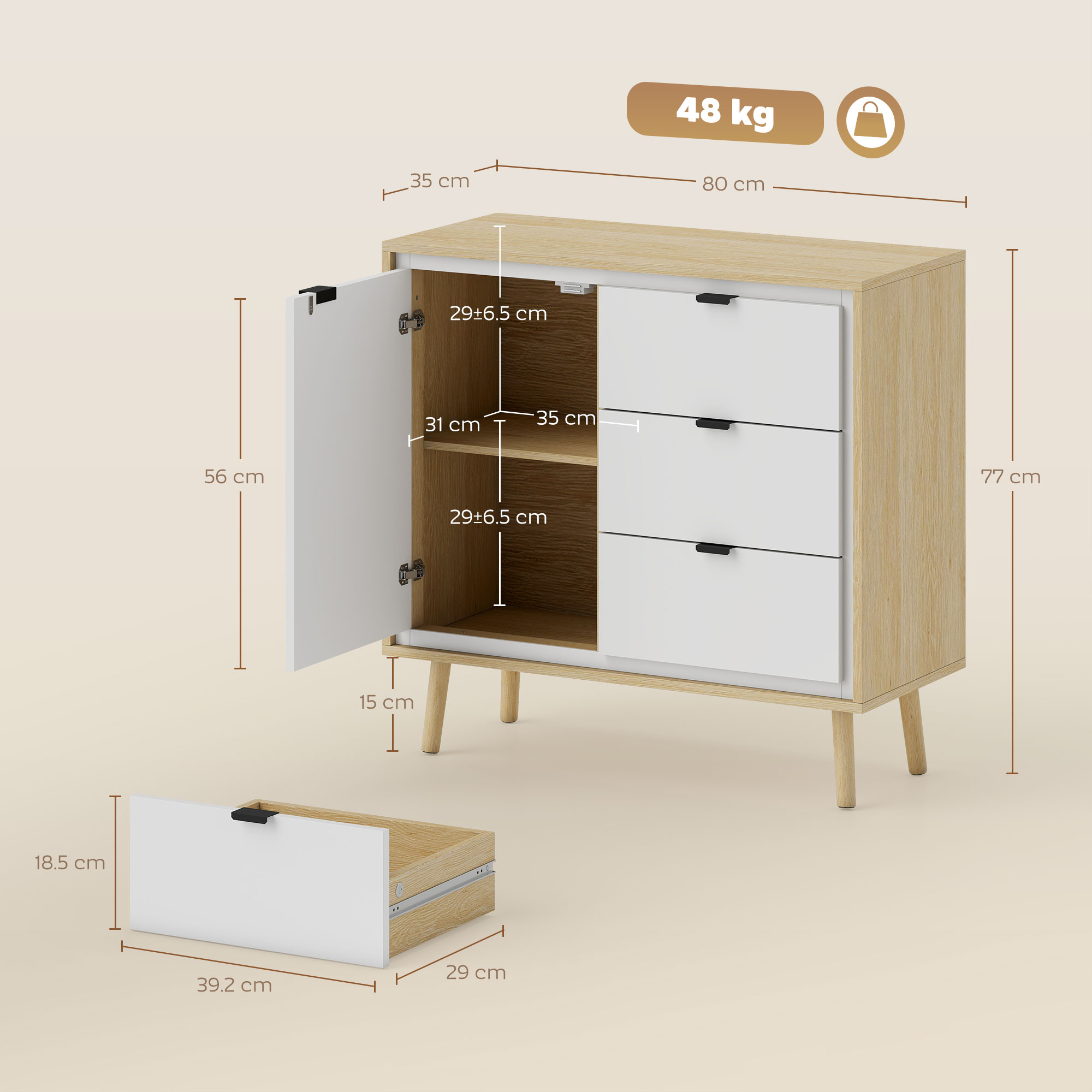 Un mobile con tre cassetti e un'anta aperta, dimensioni indicate.
