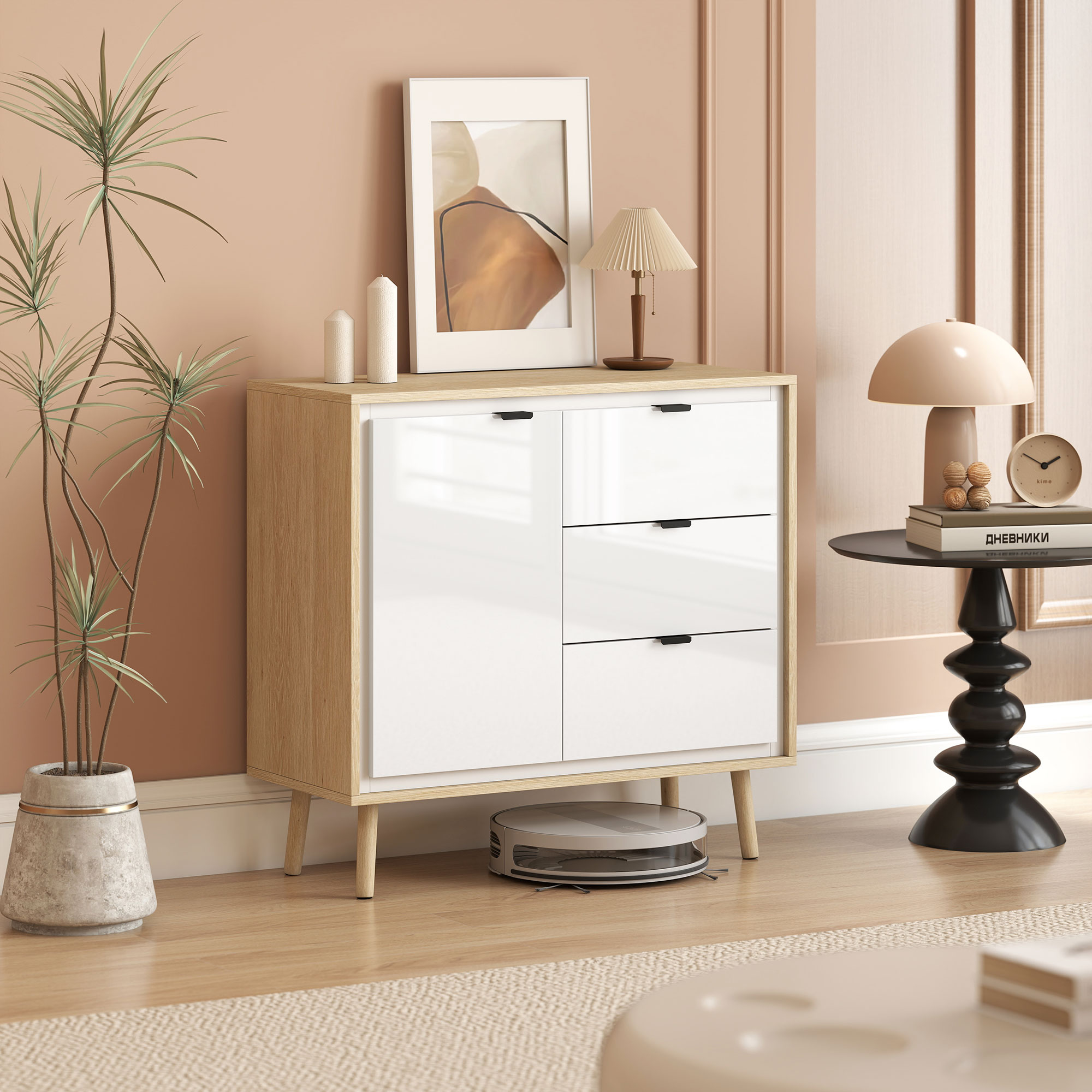 Un mobile bianco con telaio in legno, pianta e tavolino.