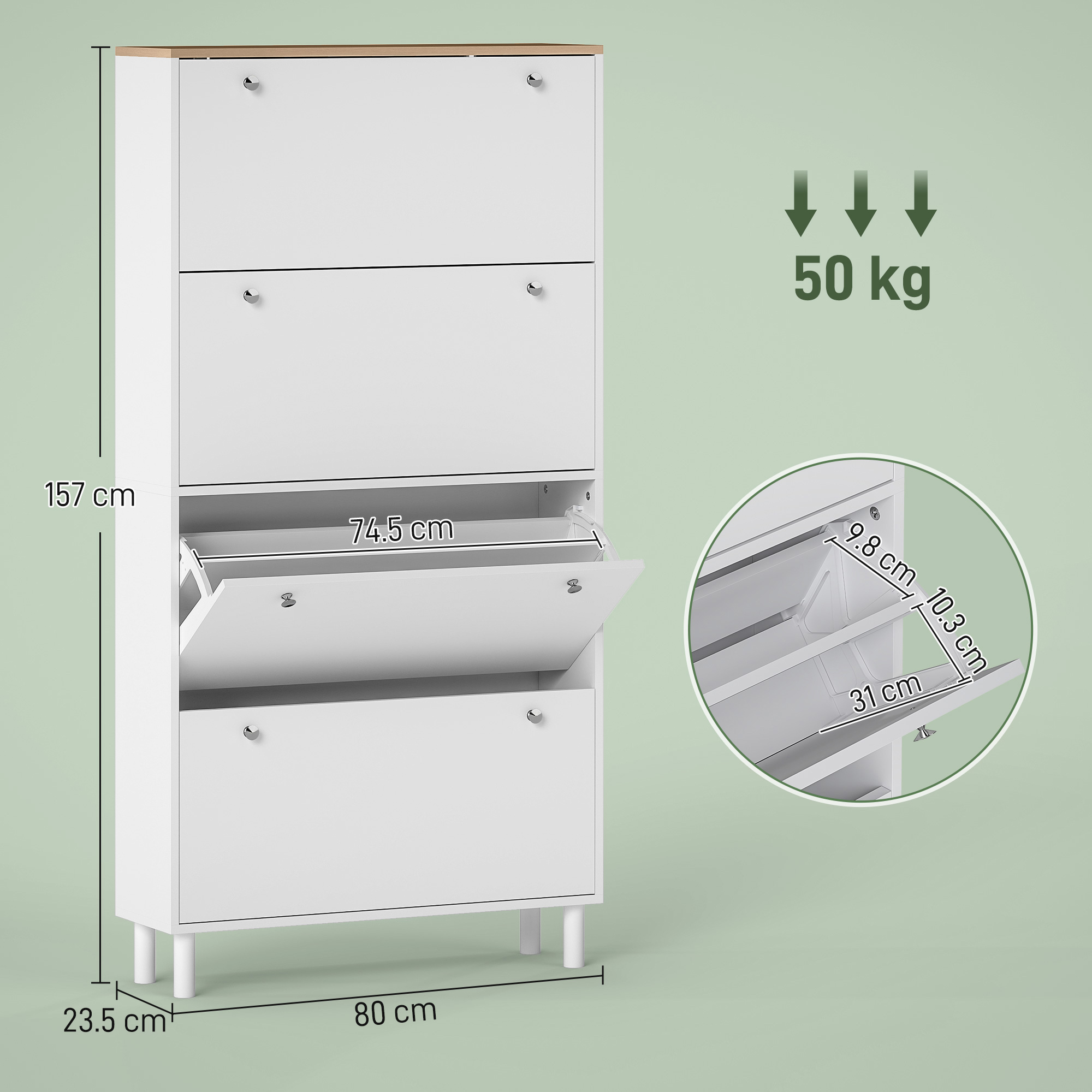 Scarpiera bianca con piano in legno, 157x80x23.5cm, capacità 50kg.