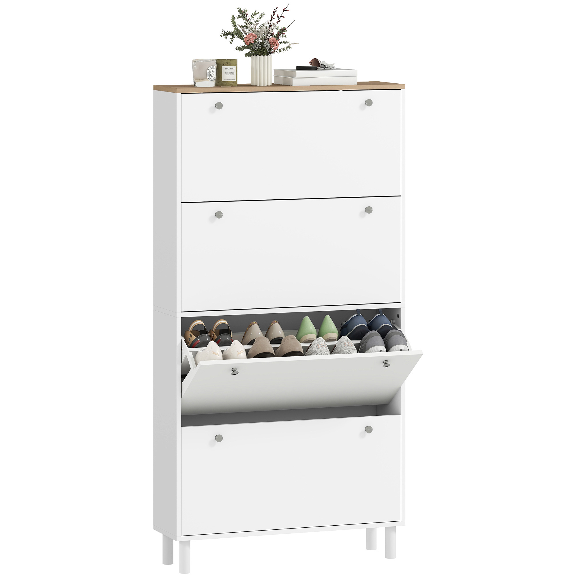 Una scarpiera bianca con top in legno, tre ante a ribalta e scarpe.