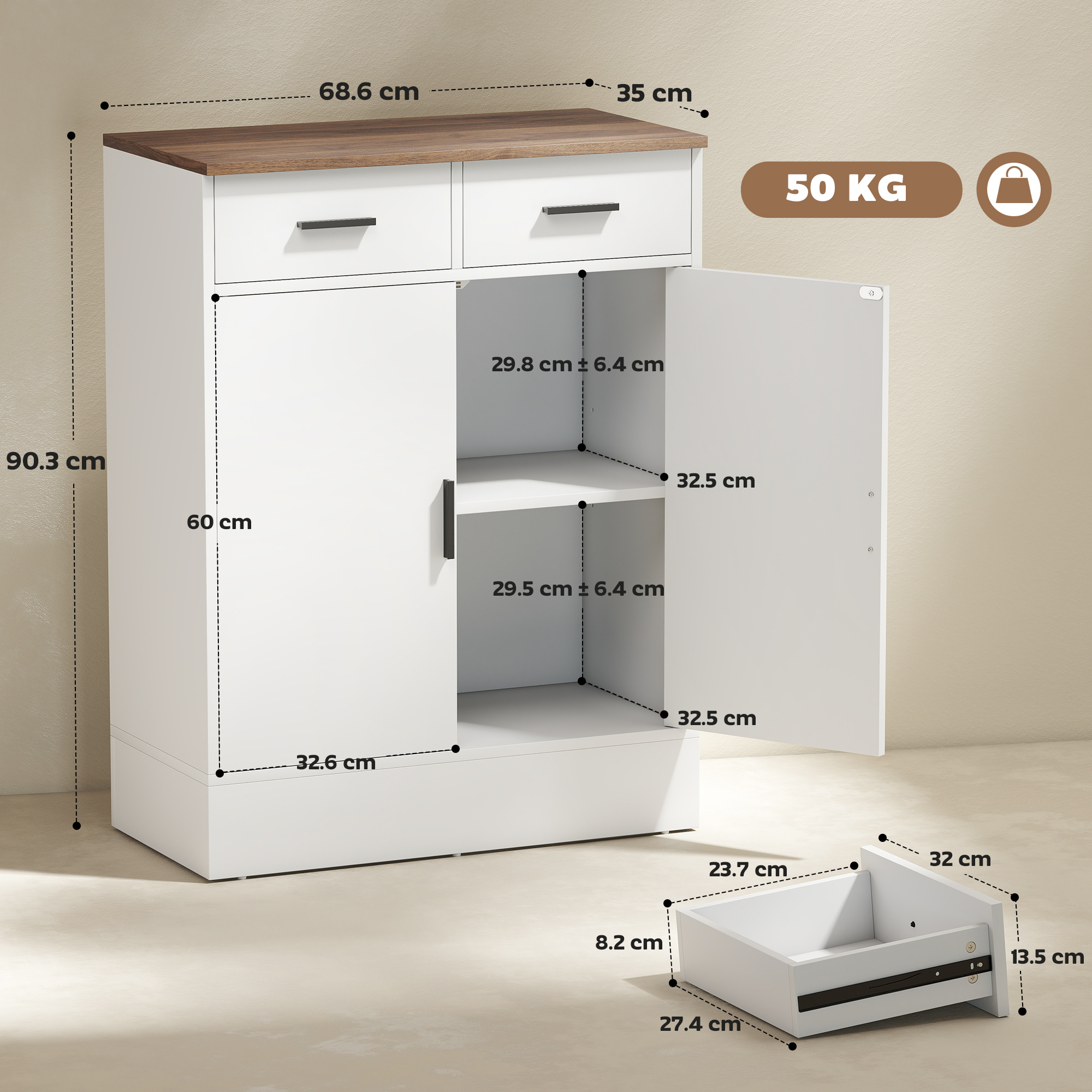 Mobile bianco con piano in legno, due cassetti e un'anta aperta che rivela ripiani.