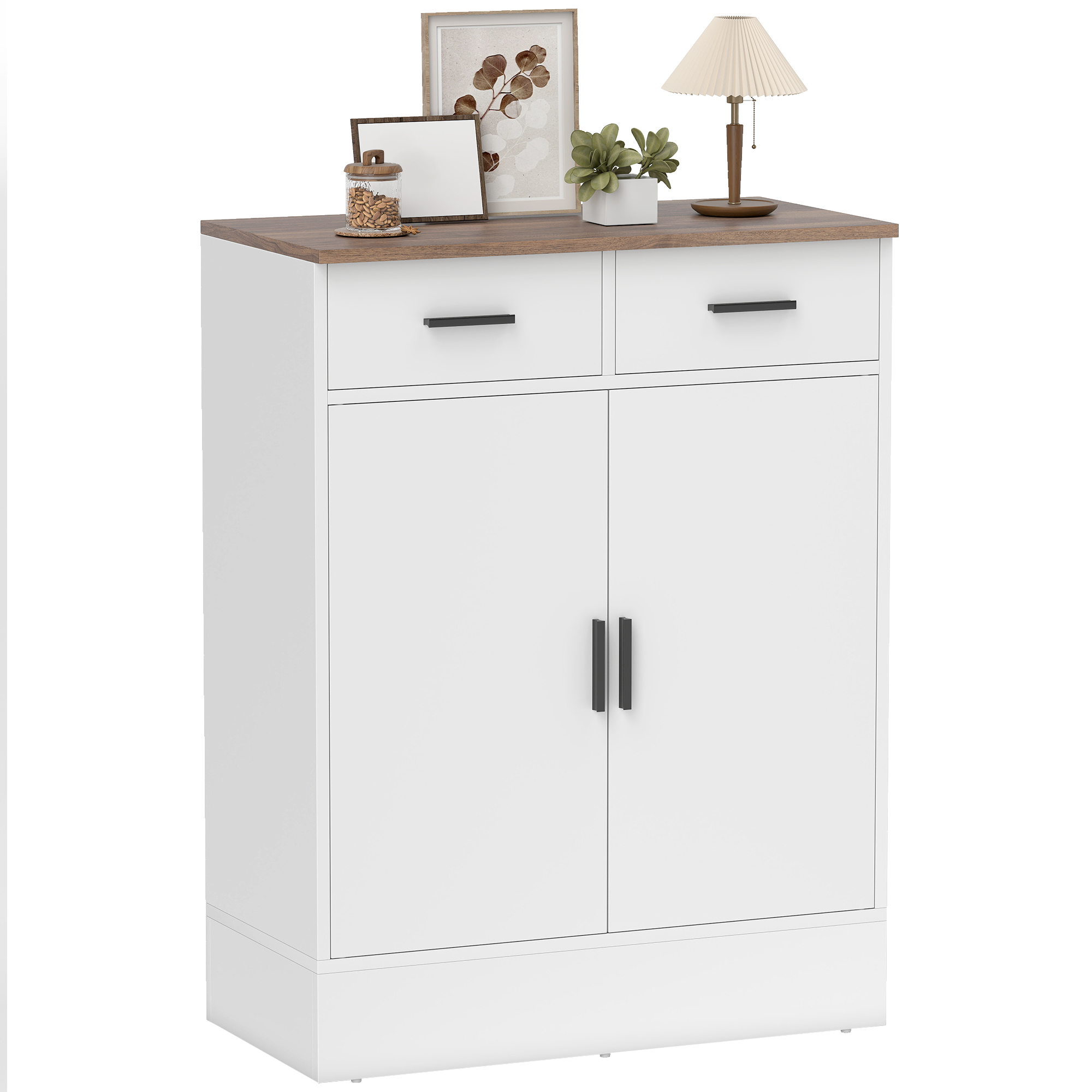 Mobile bianco con piano in legno, due cassetti, due ante. Decorato con lampada, pianta, quadro e barattolo.