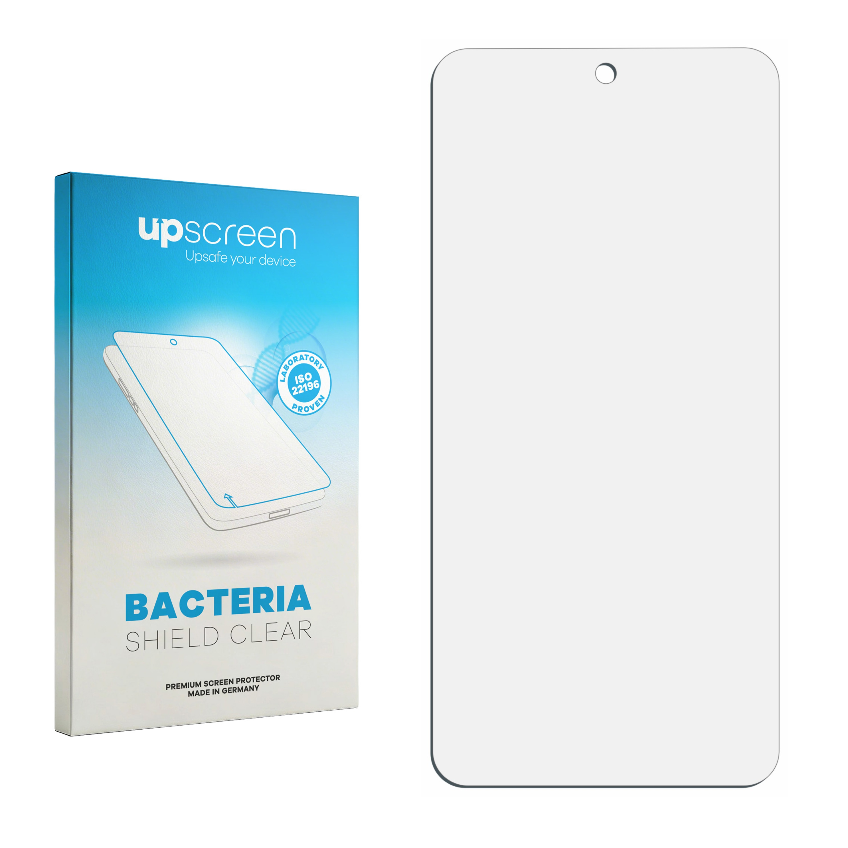 Verpackung für einen Displayschutz und einen Displayschutz auf weißem Hintergrund.