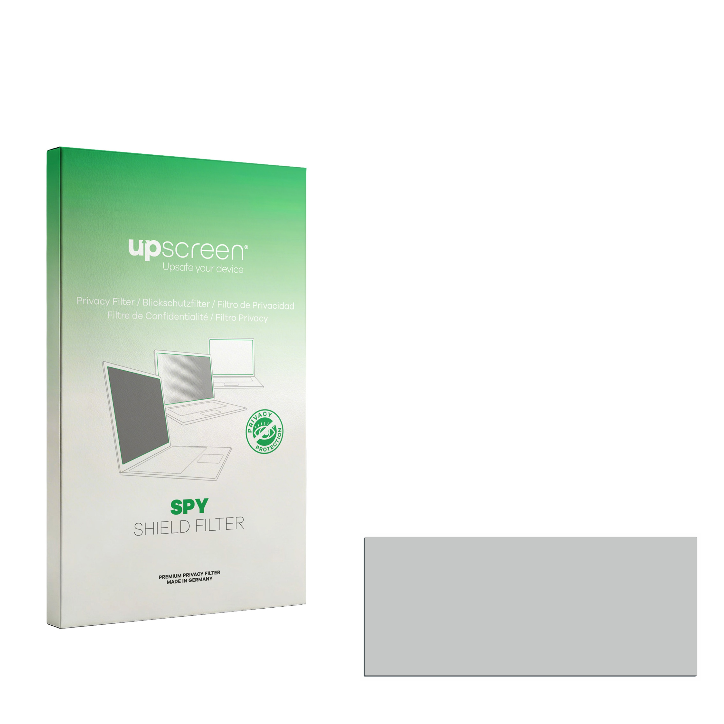 Verpackung eines Sichtschutzfilters mit Laptop-Illustration und "SPY SHIELD FILTER".