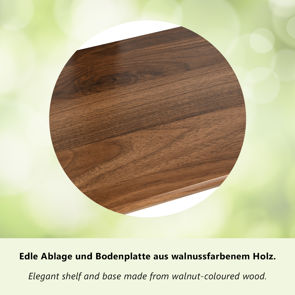 Elegante Ablage und Bodenplatte aus walnussfarbenem Holz mit unscharfem grünen Hintergrund.