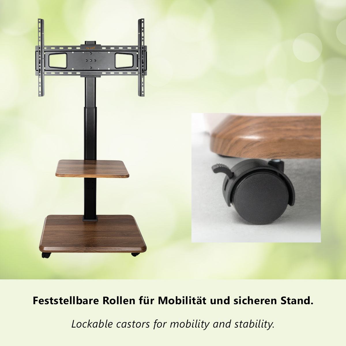 Ein TV-Ständer mit Holzoptik und Rollen, mit Nahaufnahme einer Rolle.