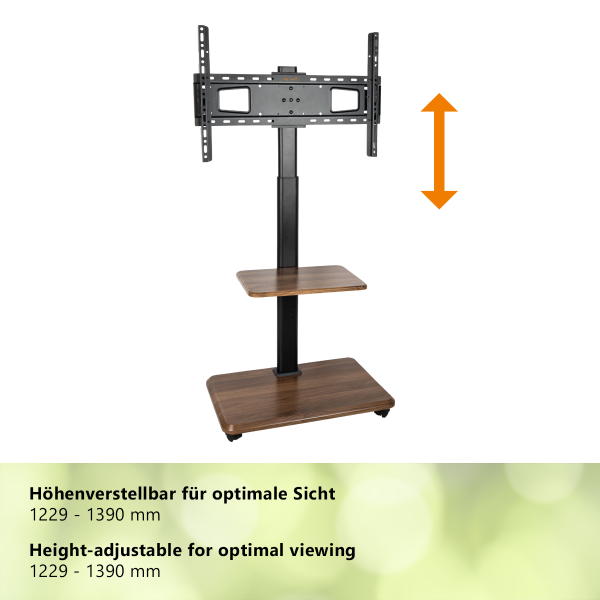 Ein höhenverstellbarer TV-Ständer mit zwei Ablagen und Rollen.