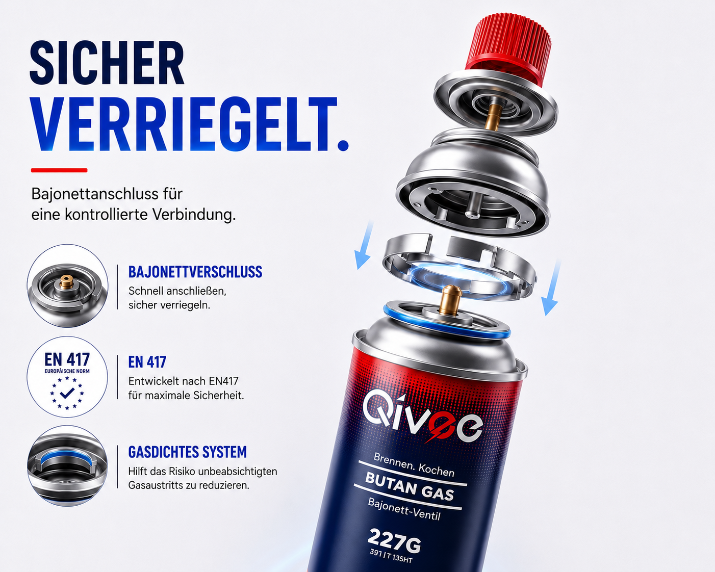 Explodierte Ansicht einer Qivée Butangasdose mit Bajonettventil und EN417-Zertifizierung.