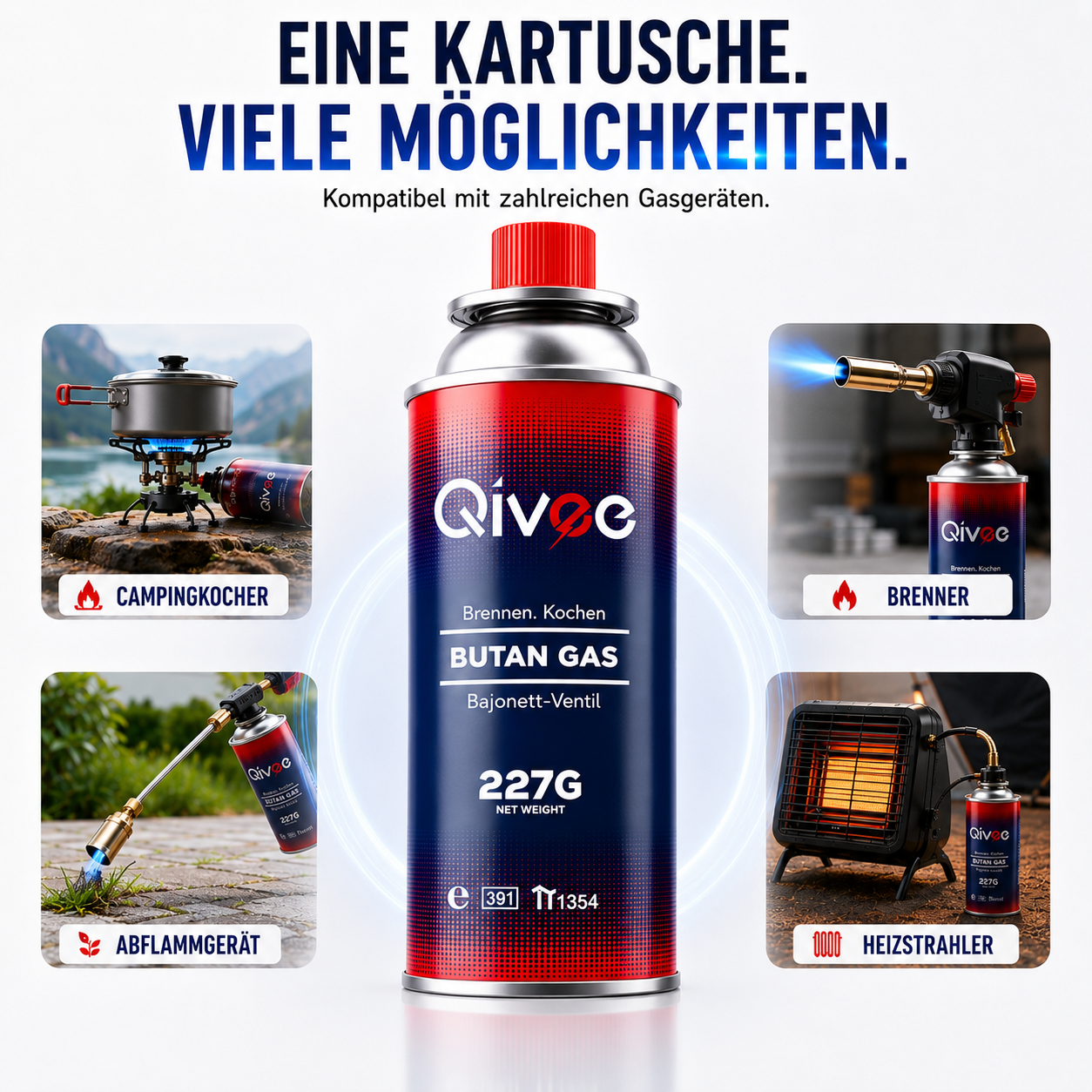 Ein Qivce Butangas-Zylinder mit Anwendungsvorschlägen.