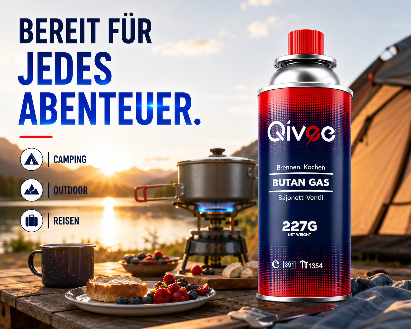 Gaskartusche für Camping. Kochen im Freien mit Zelt und See im Hintergrund.