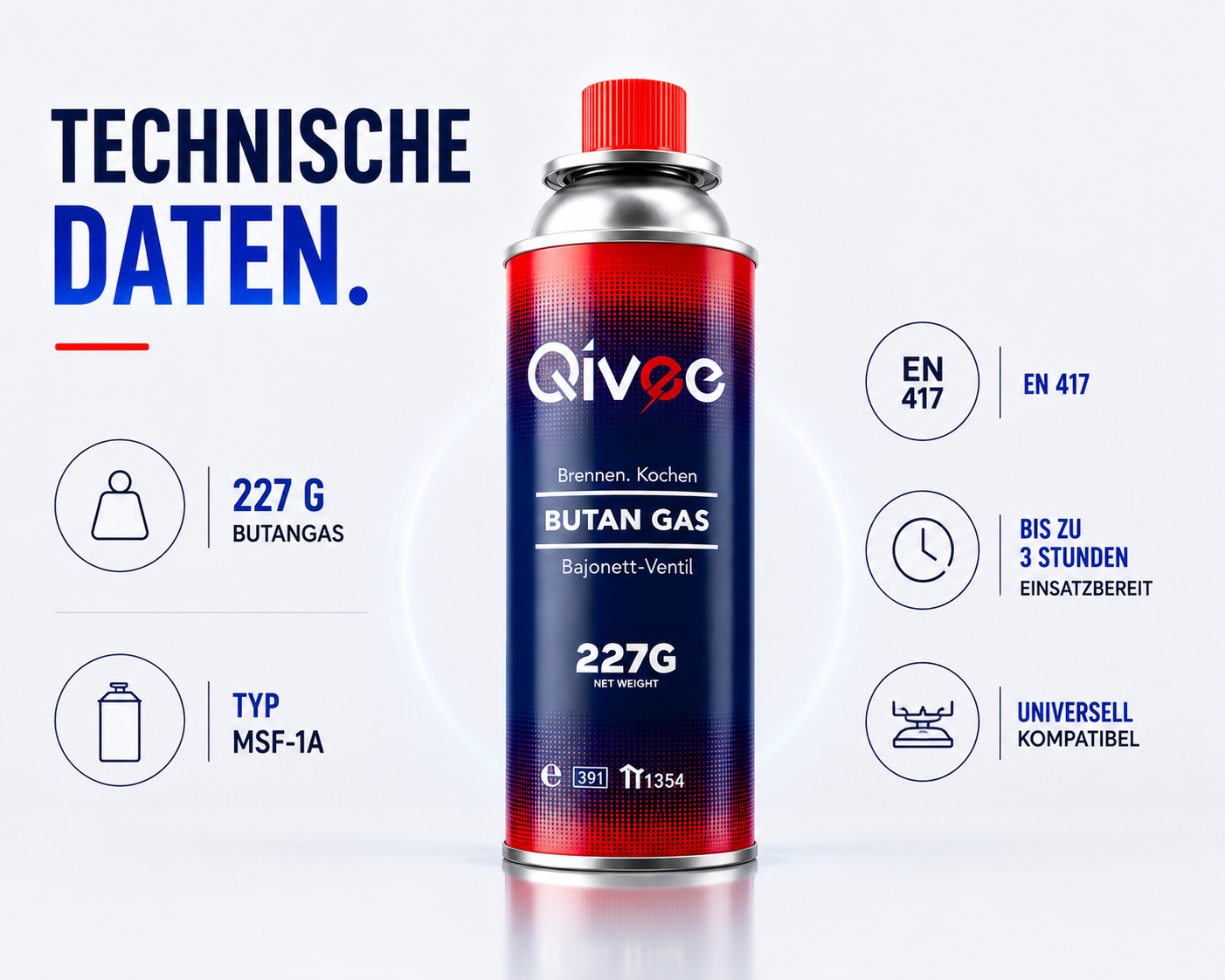 Technische Daten: Qivee Butangas Kartusche, 227g, EN 417, bis 3 Std. Einsatzbereit.