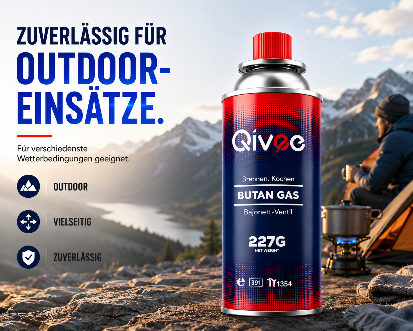 Qivee Butan Gaskartusche vor Bergkulisse mit Kocher und Zelt.