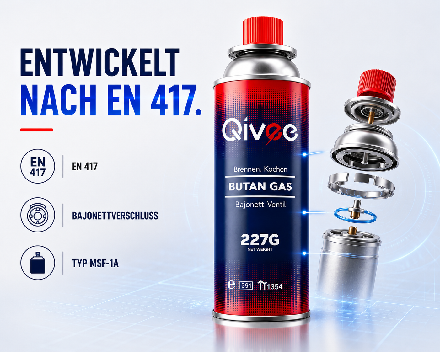 Gasflasche mit Bajonettventil, EN 417 zertifiziert, 227g.