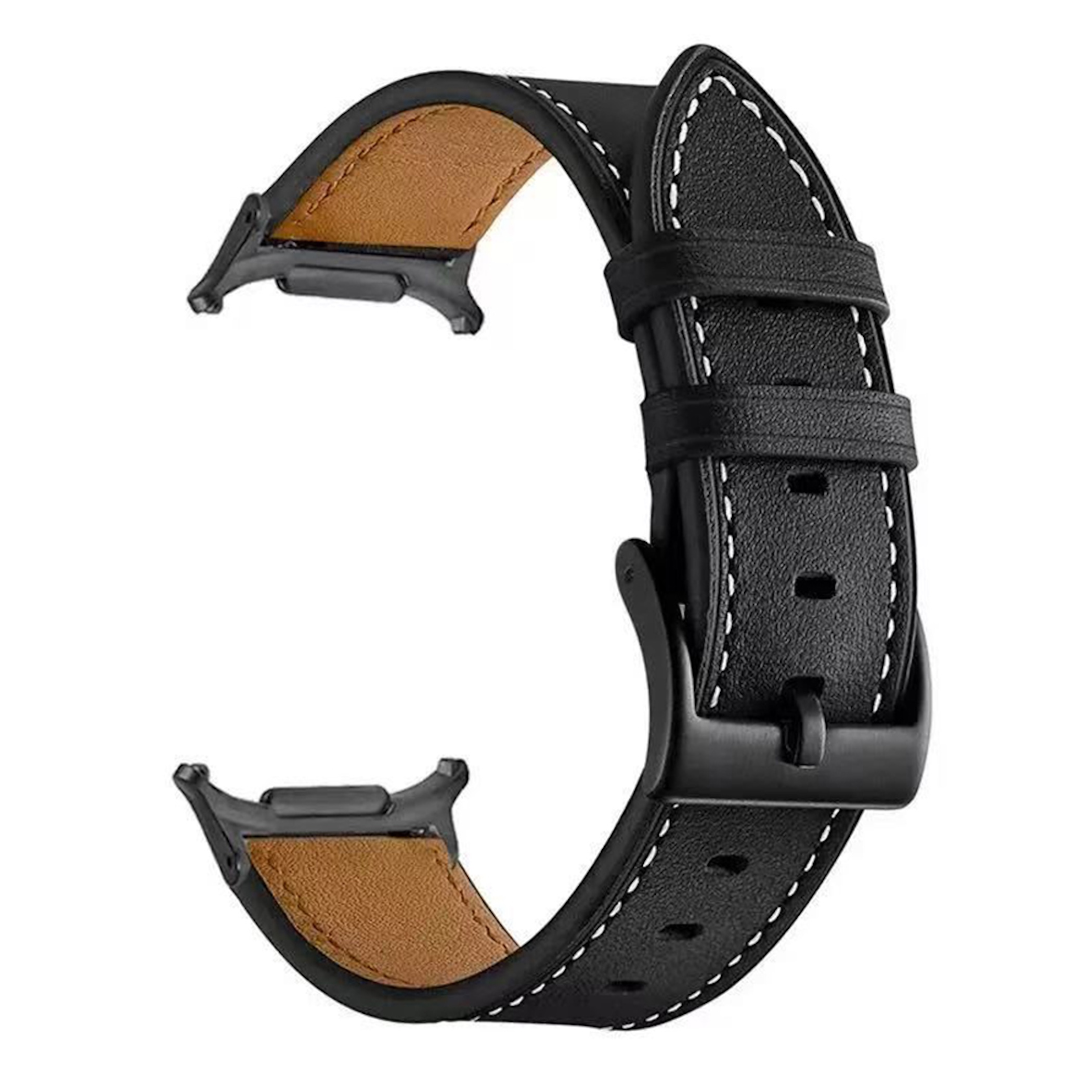 Ein schwarzes Lederarmband mit braunem Futter und weißen Nähten.