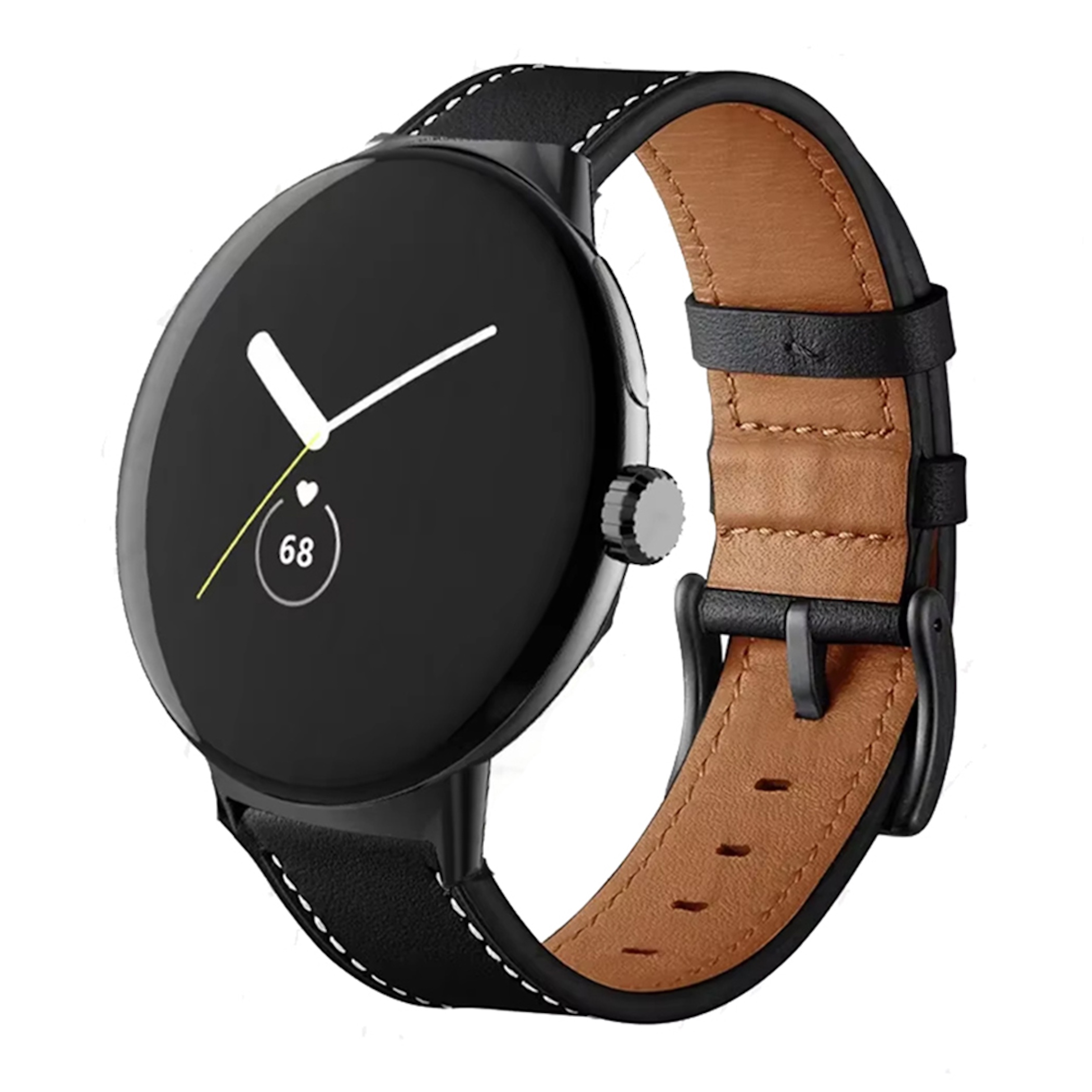 Eine schwarze Smartwatch mit braunem Lederarmband und silbernem Knopf.