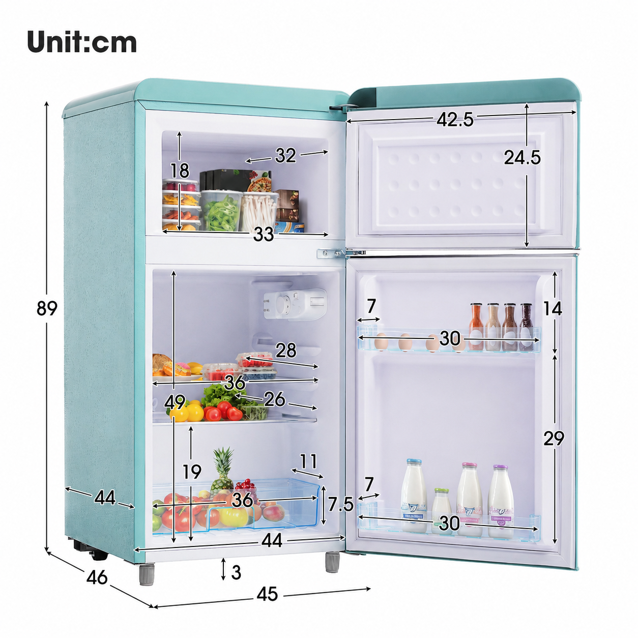 Ein türkisfarbener Kühlschrank mit offenen Türen, Innenmaße sind angegeben.