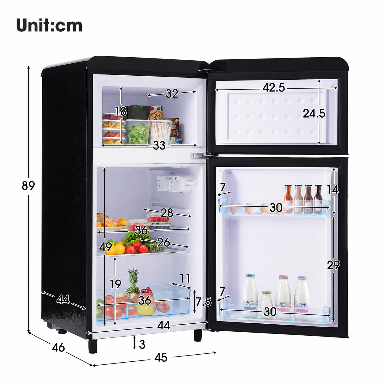 Ein schwarzer Kühlschrank mit geöffneten Türen, Maße sind in cm angegeben.