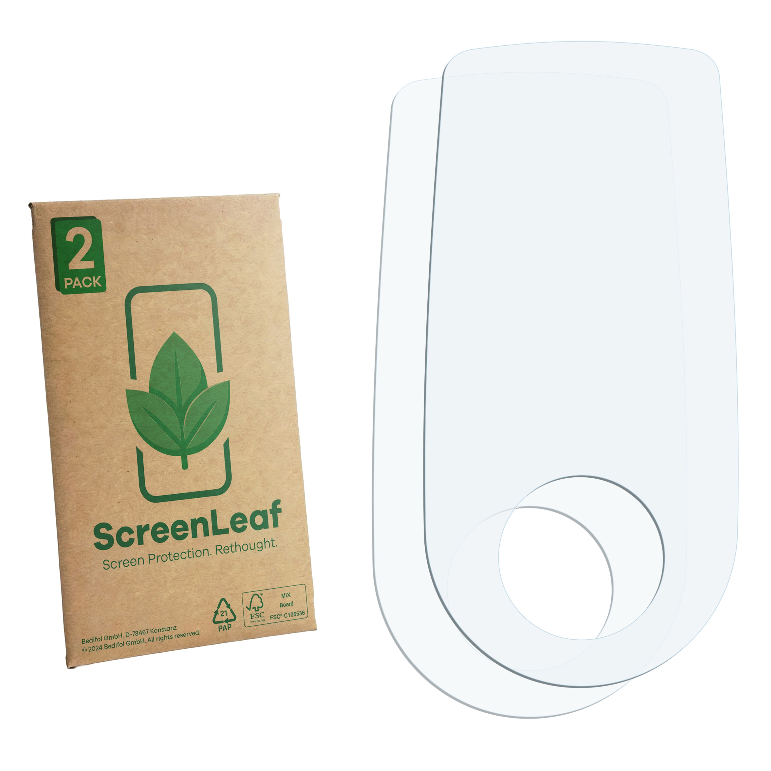 Eine braune 2er-Pack-Box mit ScreenLeaf-Displayschutzfolien und zwei Klarsichtfolien.
