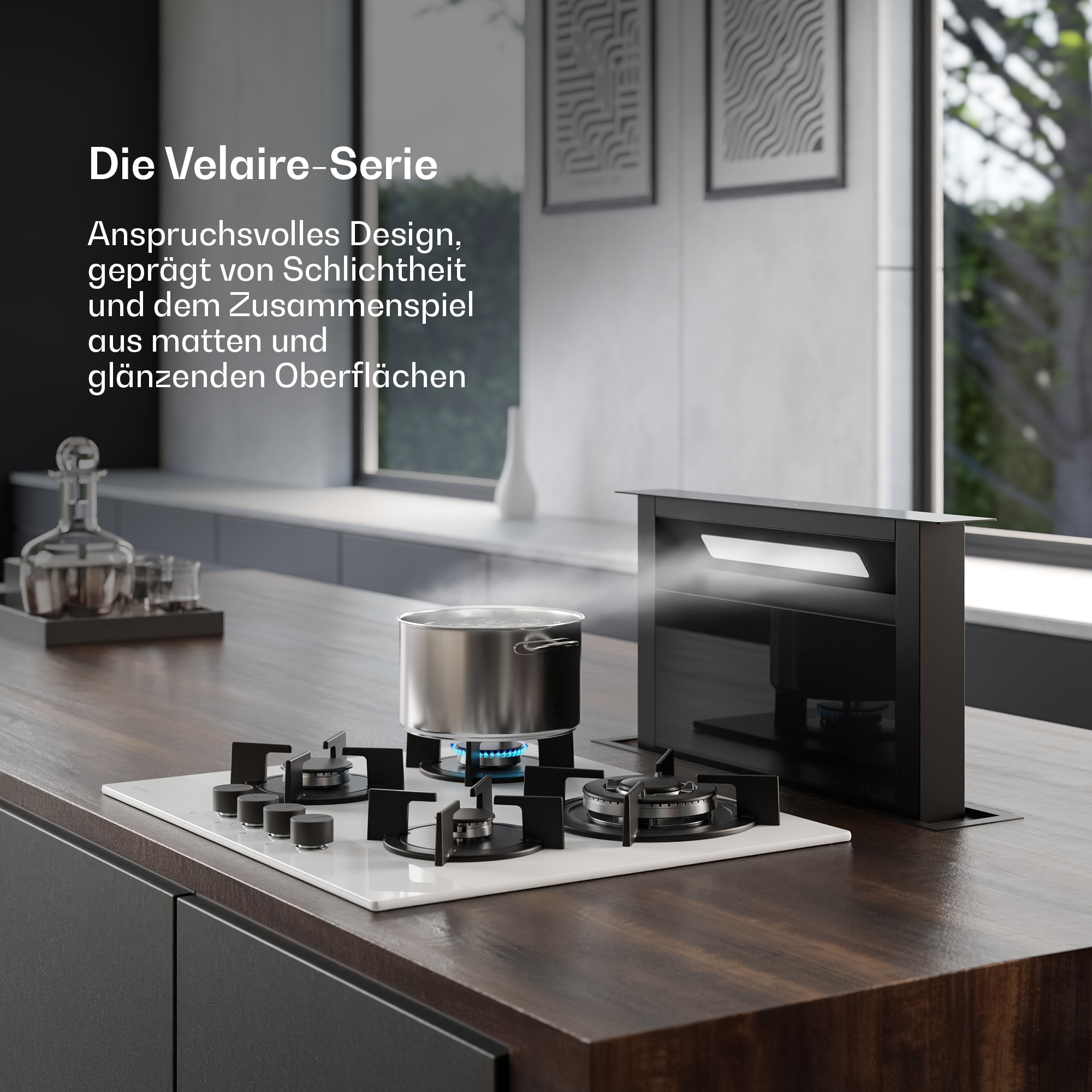 Ein moderner Gasherd in einer Küche mit einem Topf, der auf einer Flamme kocht.