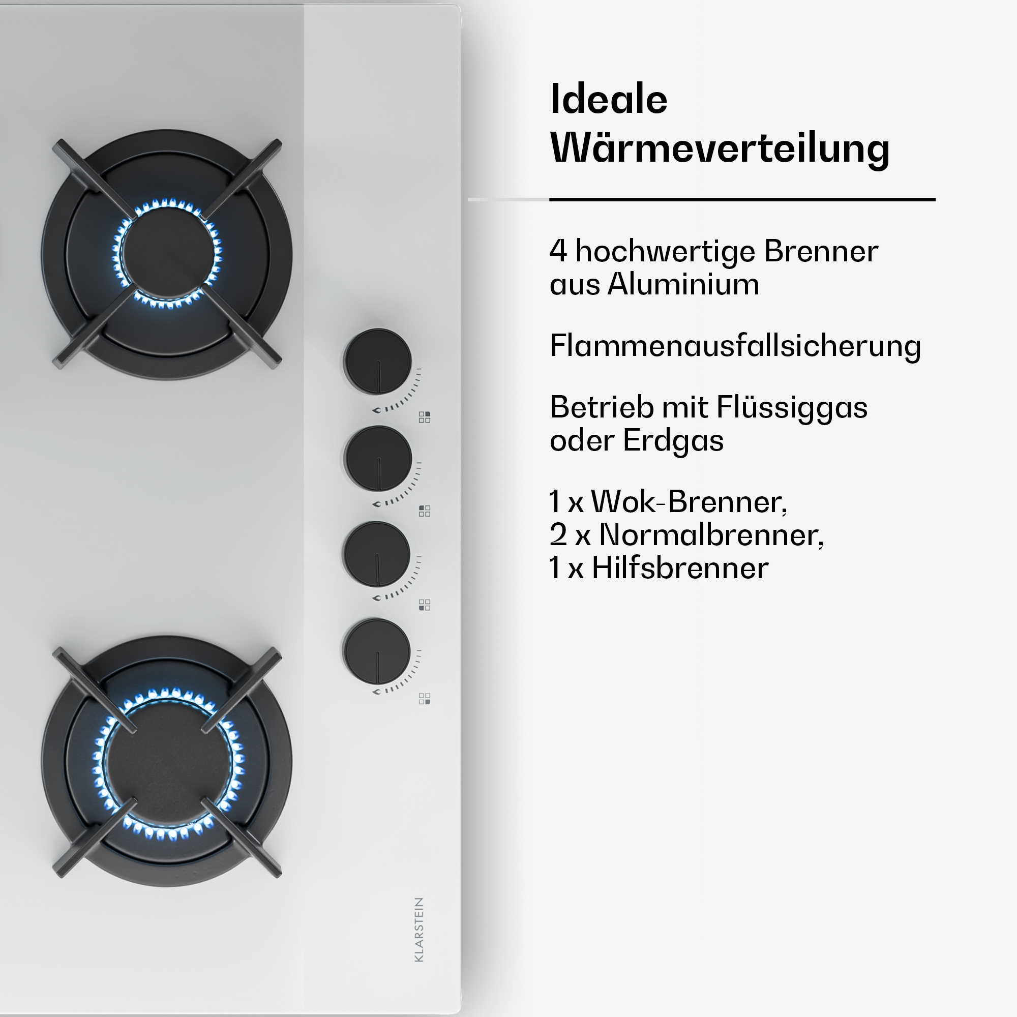 Ein weißer Gaskochfeld mit vier Brennern und schwarzen Reglern.