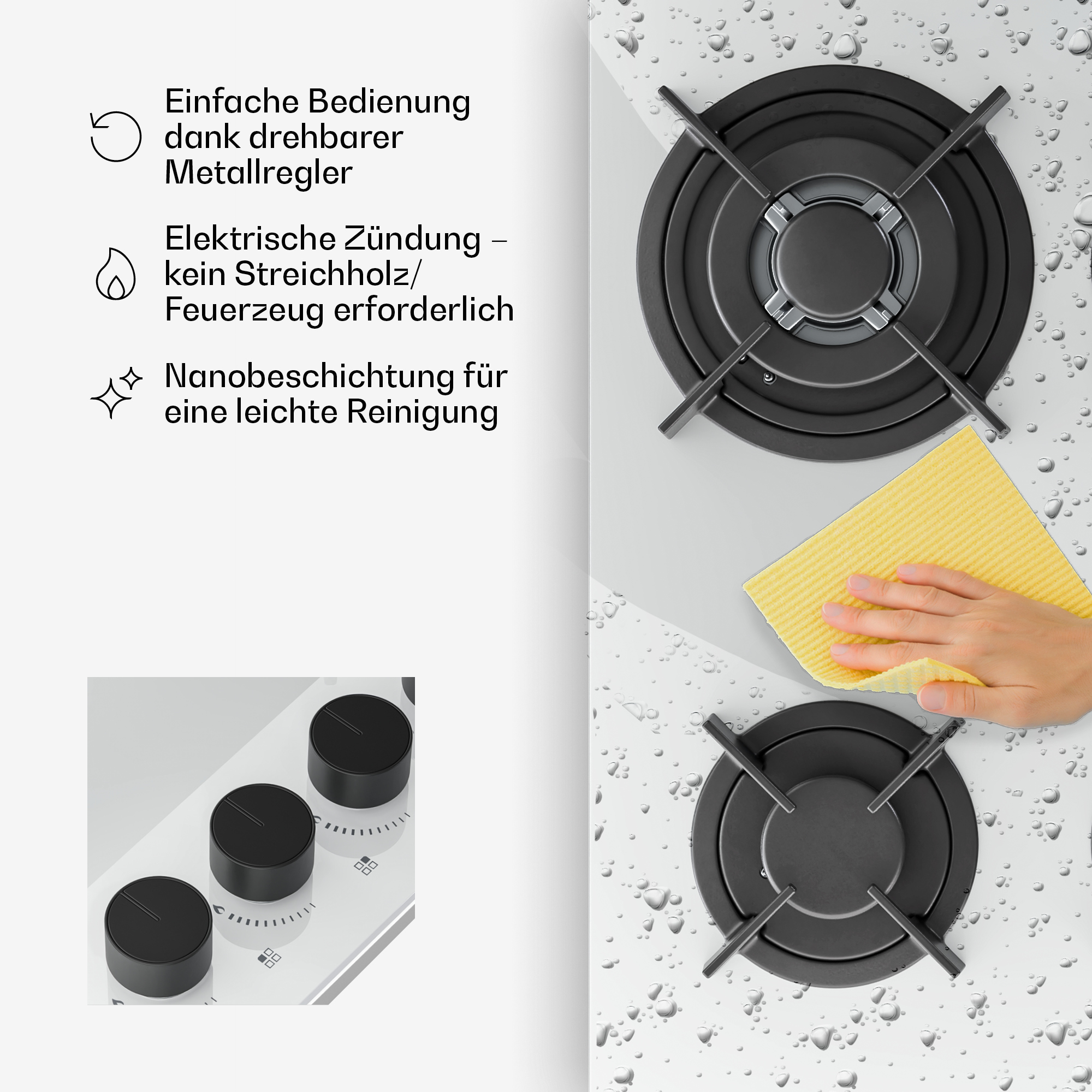 Gasherd mit drei Reglern, Kochfeldern und einem gelben Tuch zum Reinigen.