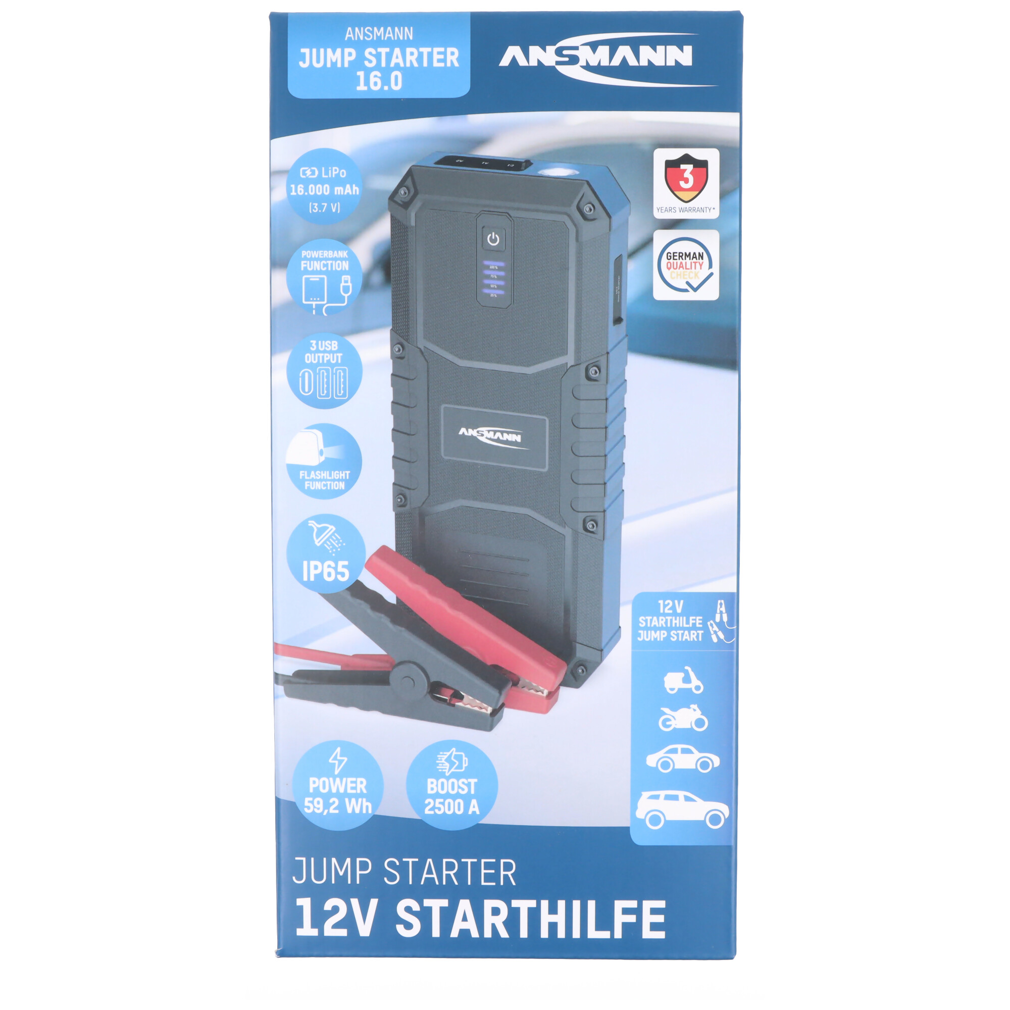 ANSMANN 12V Starthilfe mit 16.000 mAh, 3 USB-Ausgängen, Taschenlampe und IP65.