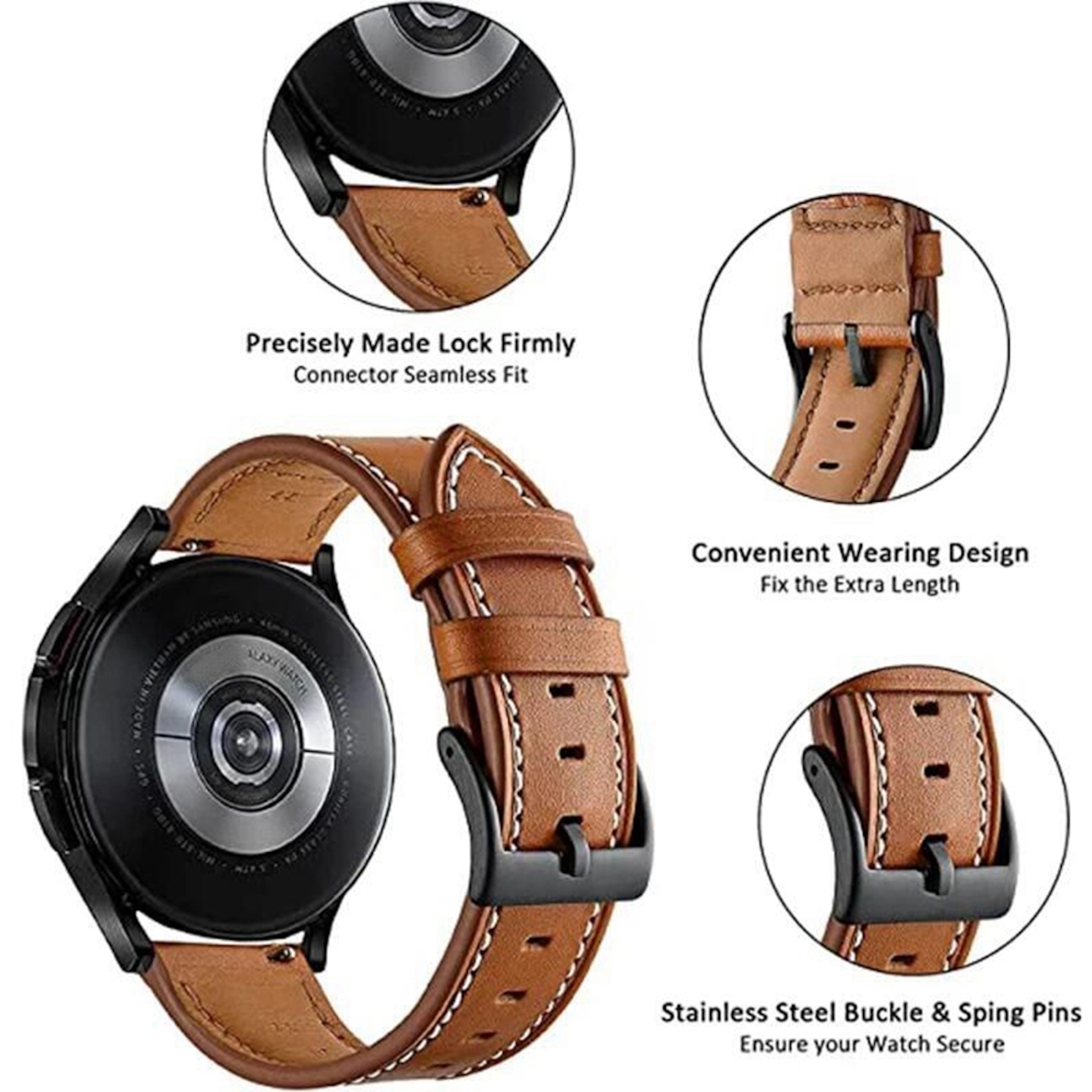 Eine Nahaufnahme eines braunen Lederuhrenarmbands mit schwarzer Schnalle und silbernen Stiften.