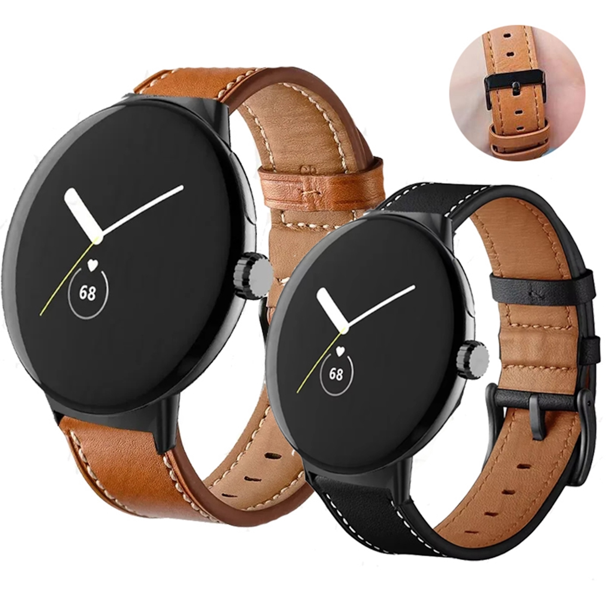 Zwei schwarze Smartwatches mit Lederarmbändern, eine braun, eine schwarz.