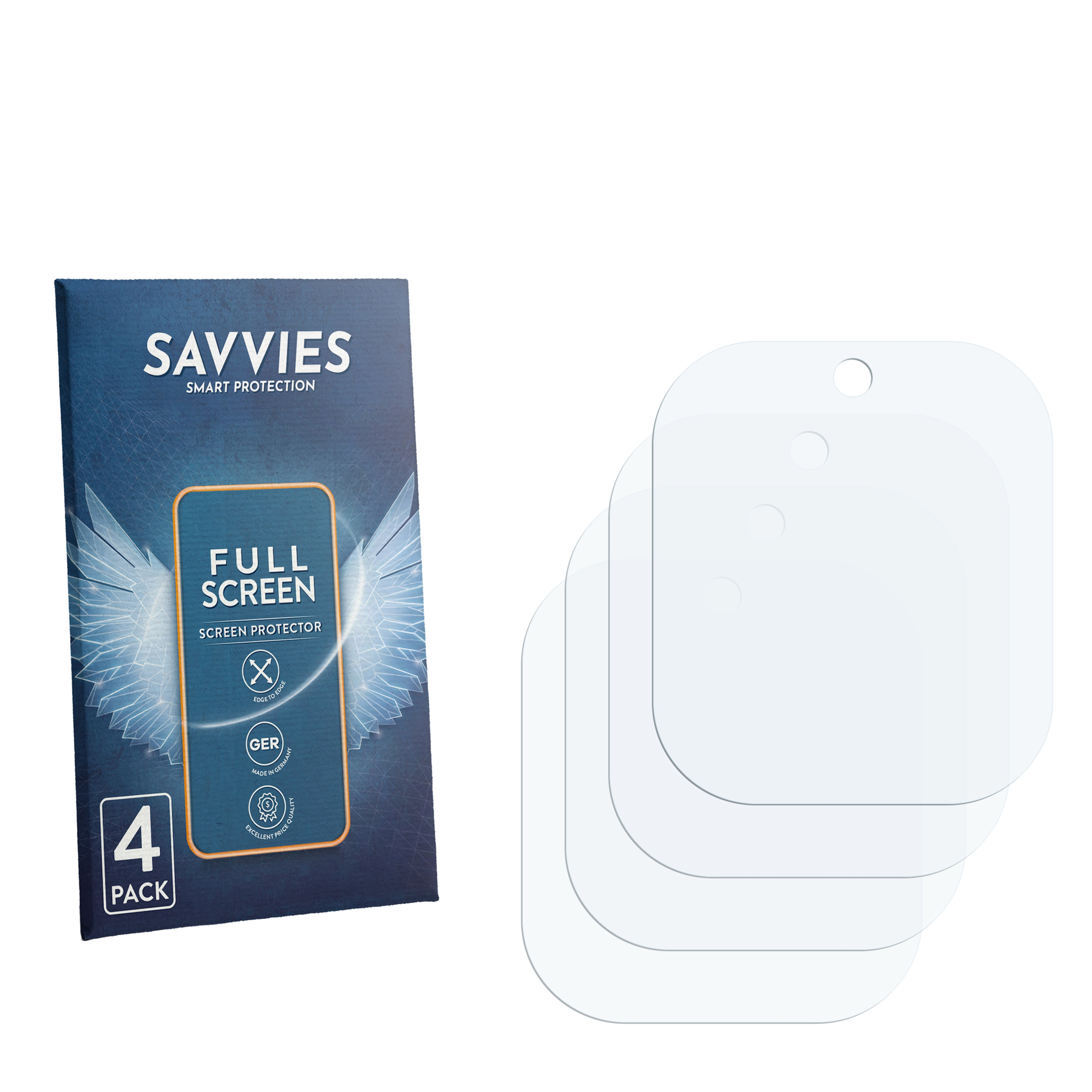 Savvies Displayschutzfolien: 4er Pack. Blaue Verpackung mit Flügelmotiv.